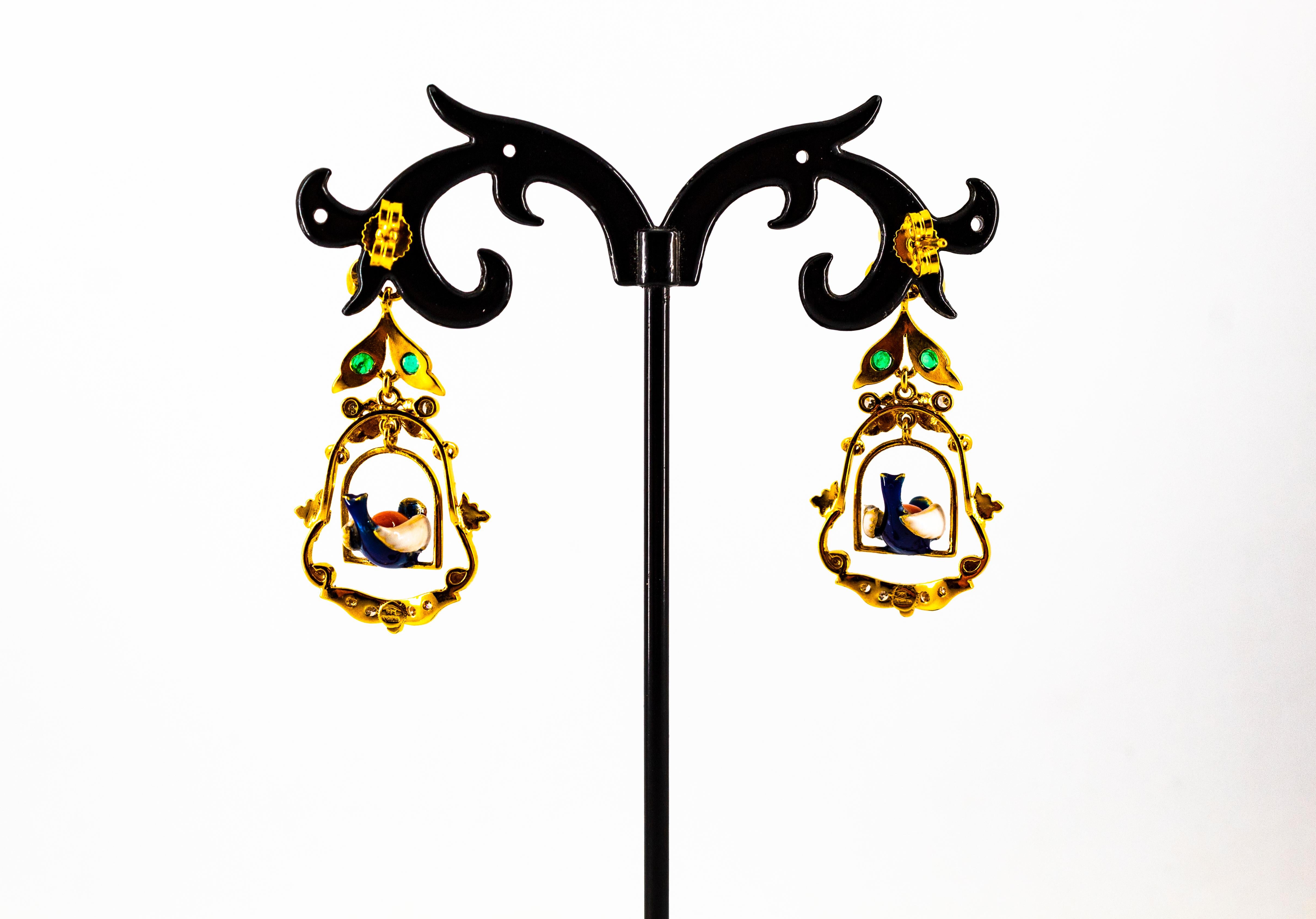 Art Nouveau Style 0.65 Carat White Diamond Emerald Enamel Yellow Gold Earrings For Sale 8