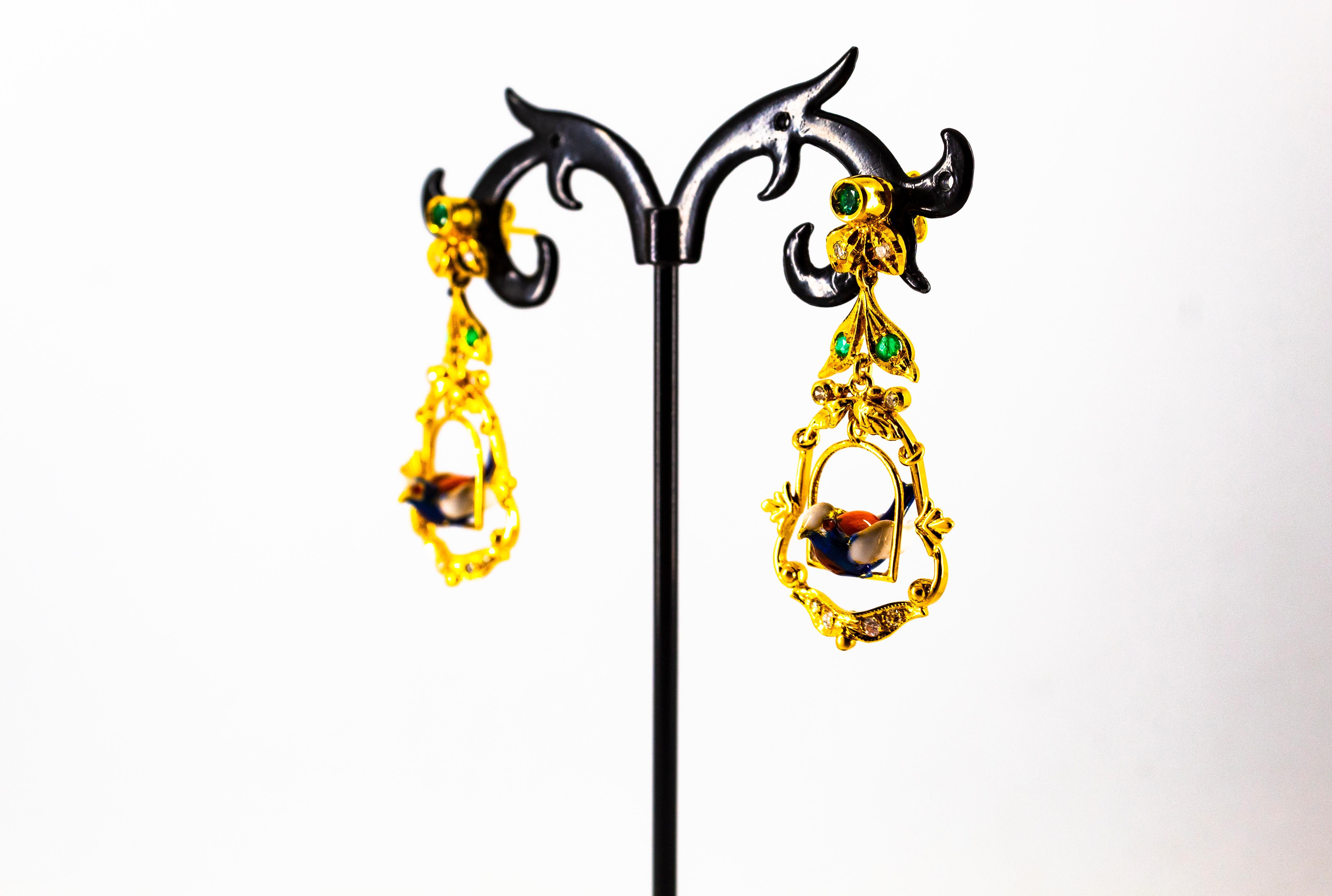 Art Nouveau Style 0.65 Carat White Diamond Emerald Enamel Yellow Gold Earrings For Sale 9
