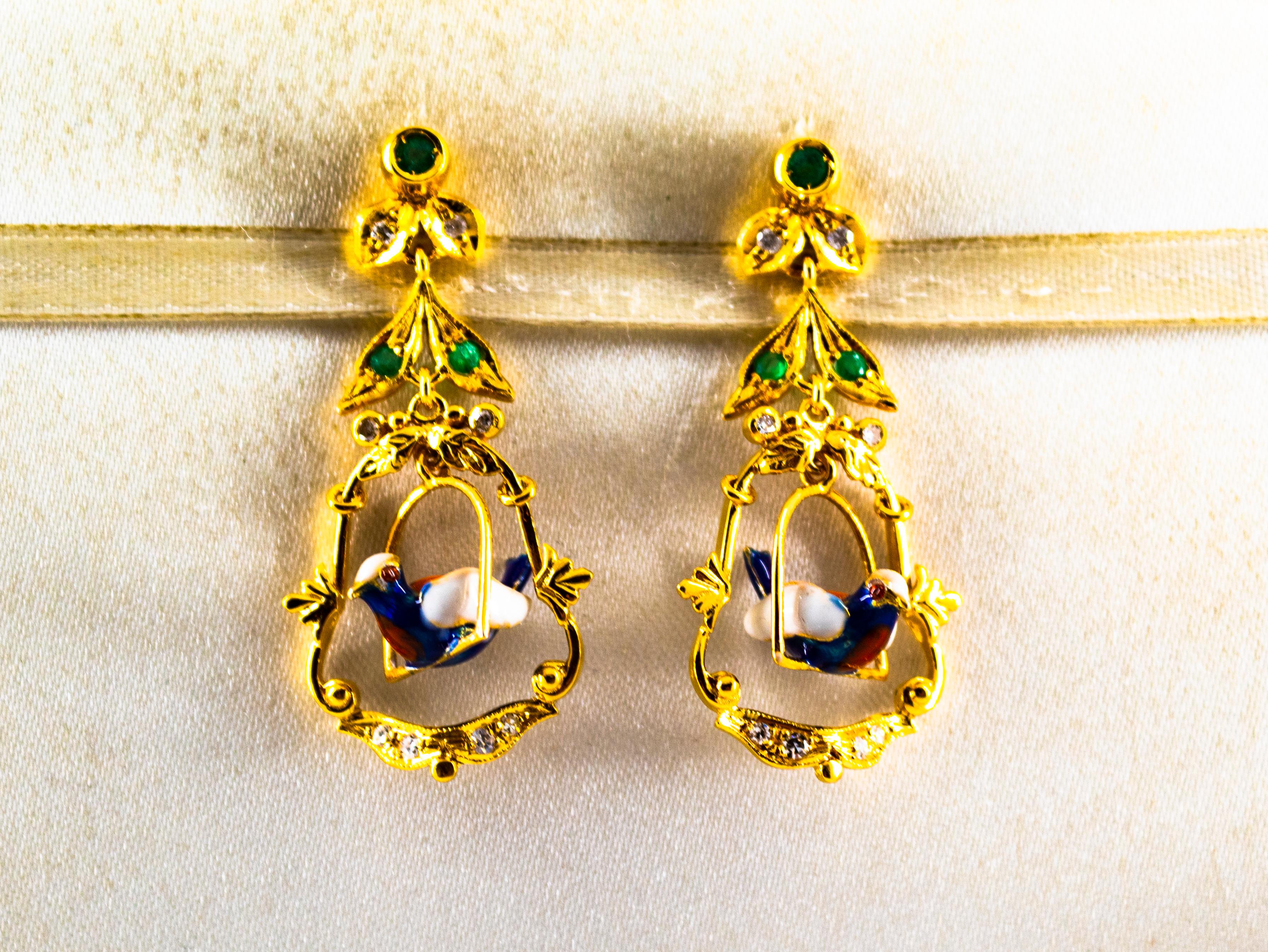 Brilliant Cut Art Nouveau Style 0.65 Carat White Diamond Emerald Enamel Yellow Gold Earrings For Sale