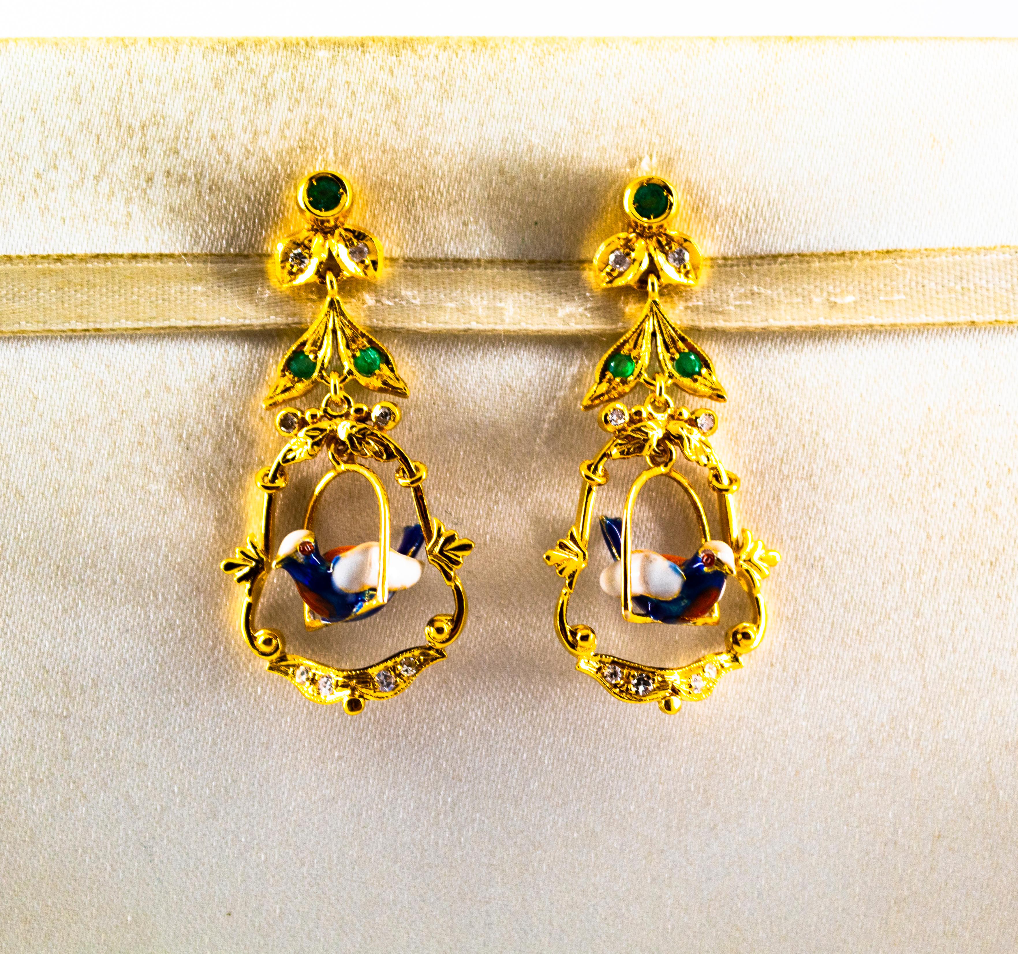 Art Nouveau Style 0.65 Carat White Diamond Emerald Enamel Yellow Gold Earrings In New Condition For Sale In Naples, IT