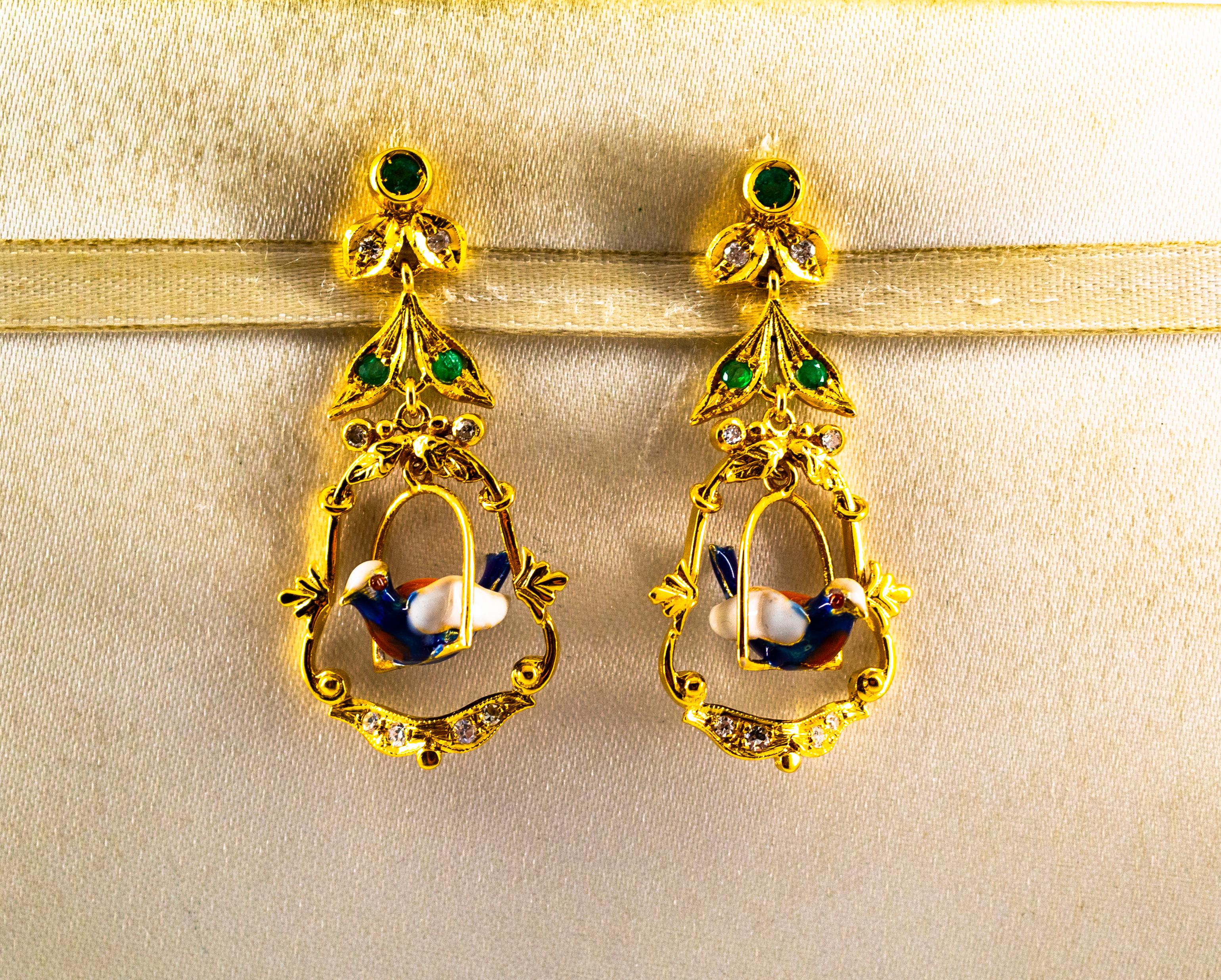 Women's or Men's Art Nouveau Style 0.65 Carat White Diamond Emerald Enamel Yellow Gold Earrings For Sale