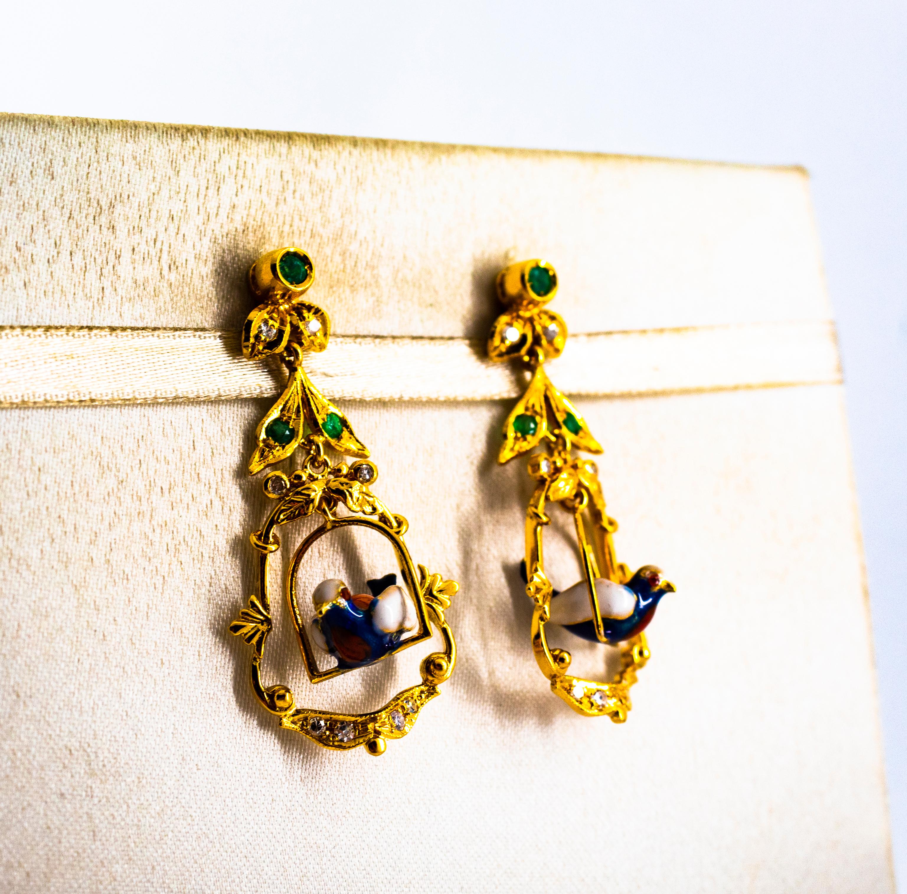 Art Nouveau Style 0.65 Carat White Diamond Emerald Enamel Yellow Gold Earrings For Sale 1