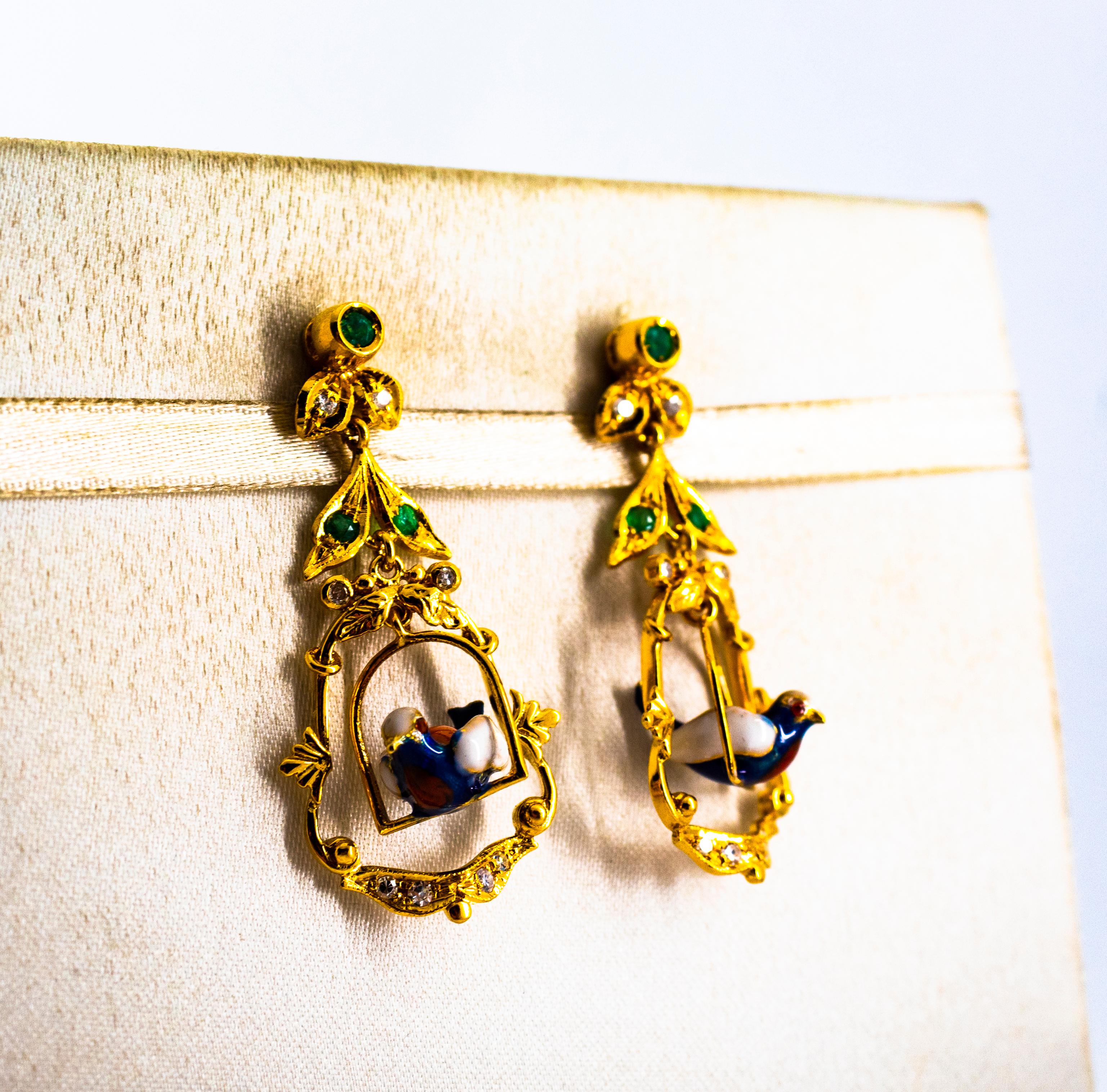 Orecchini in stile Art Nouveau con diamante bianco e smeraldo smaltato in oro giallo da 0,65 carati in vendita 1