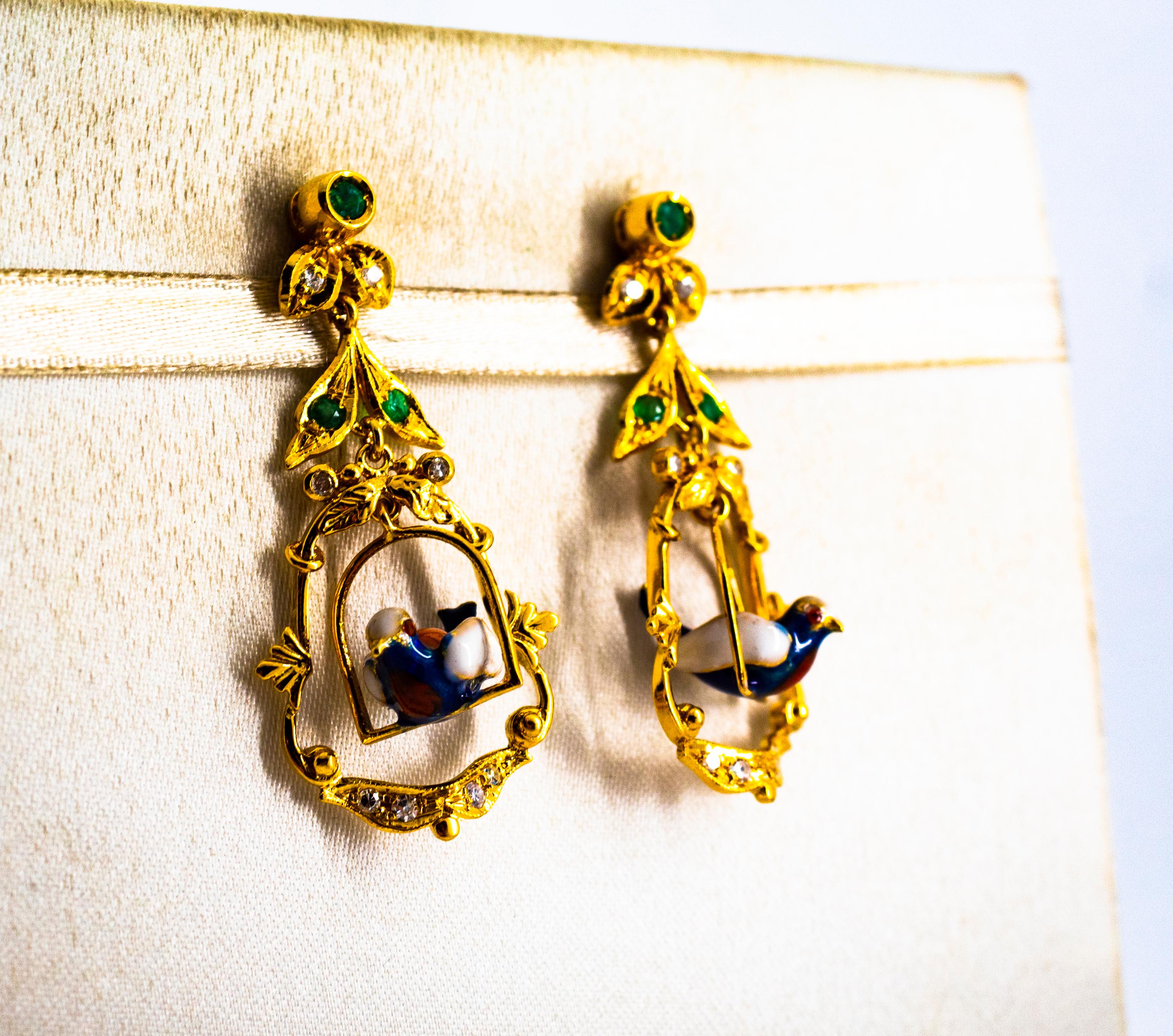 Art Nouveau Style 0.65 Carat White Diamond Emerald Enamel Yellow Gold Earrings For Sale 2