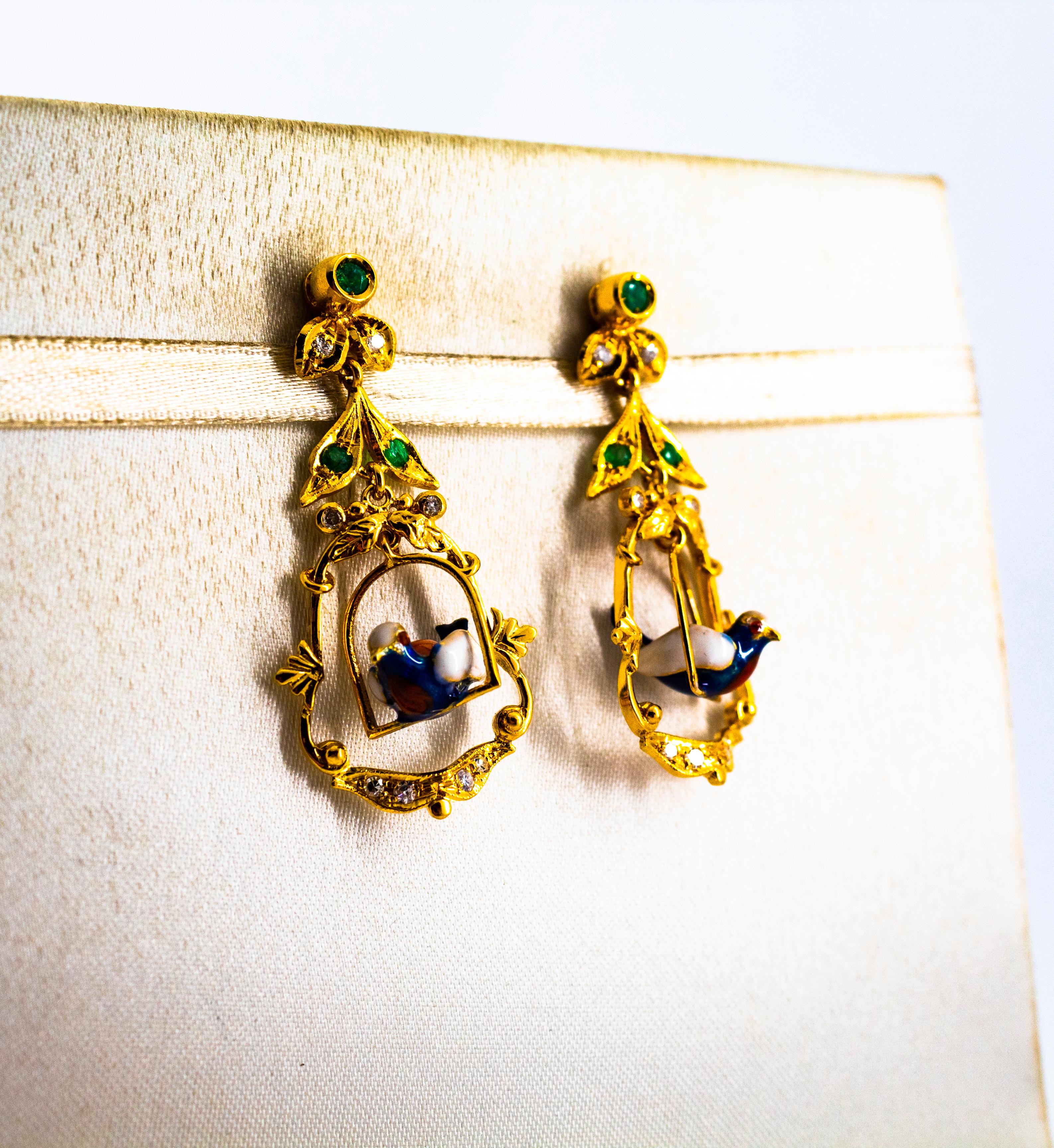 Art Nouveau Style 0.65 Carat White Diamond Emerald Enamel Yellow Gold Earrings For Sale 3