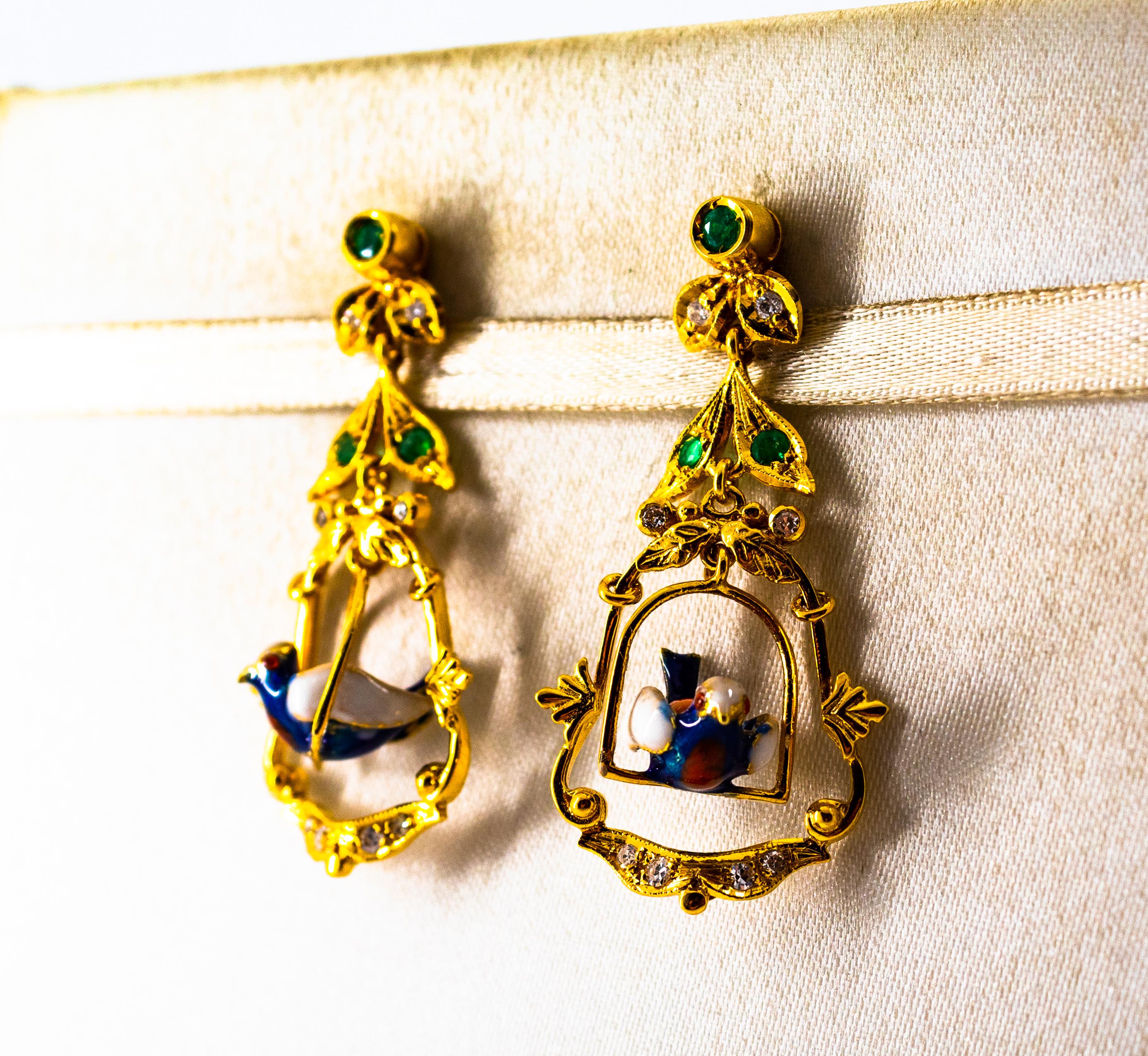 Art Nouveau Style 0.65 Carat White Diamond Emerald Enamel Yellow Gold Earrings For Sale 4