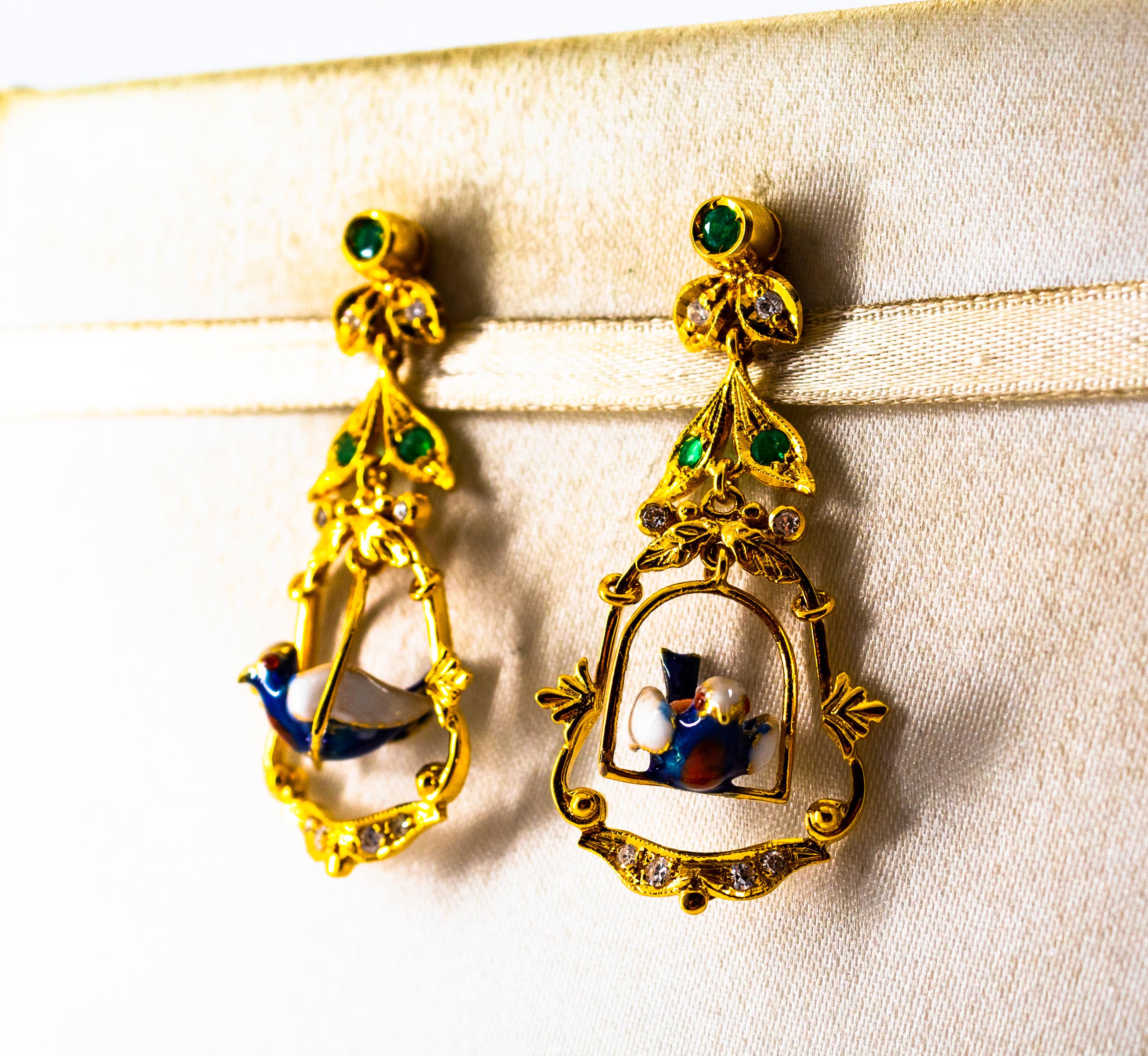 Orecchini in stile Art Nouveau con diamante bianco e smeraldo smaltato in oro giallo da 0,65 carati in vendita 4