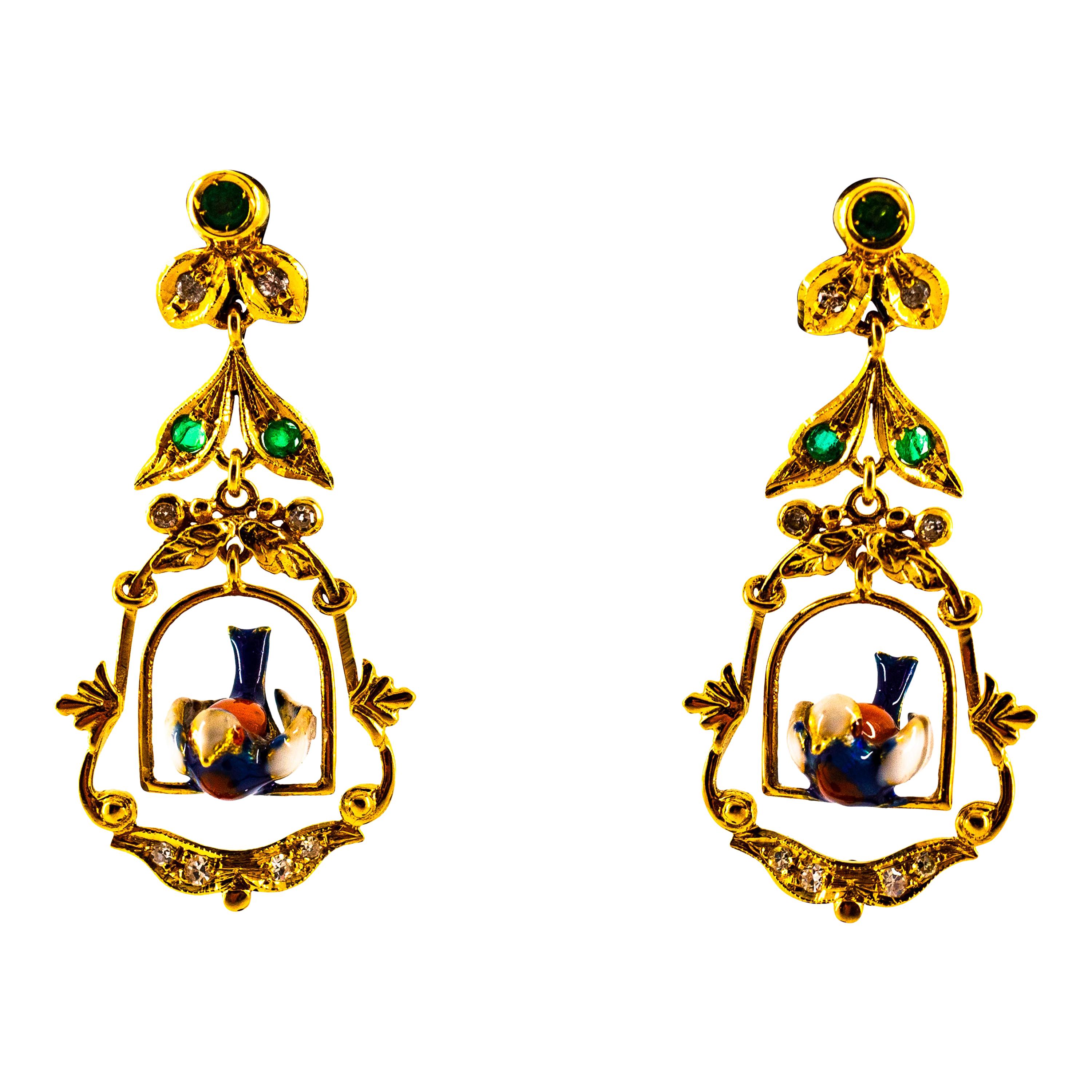 Art Nouveau Style 0.65 Carat White Diamond Emerald Enamel Yellow Gold Earrings