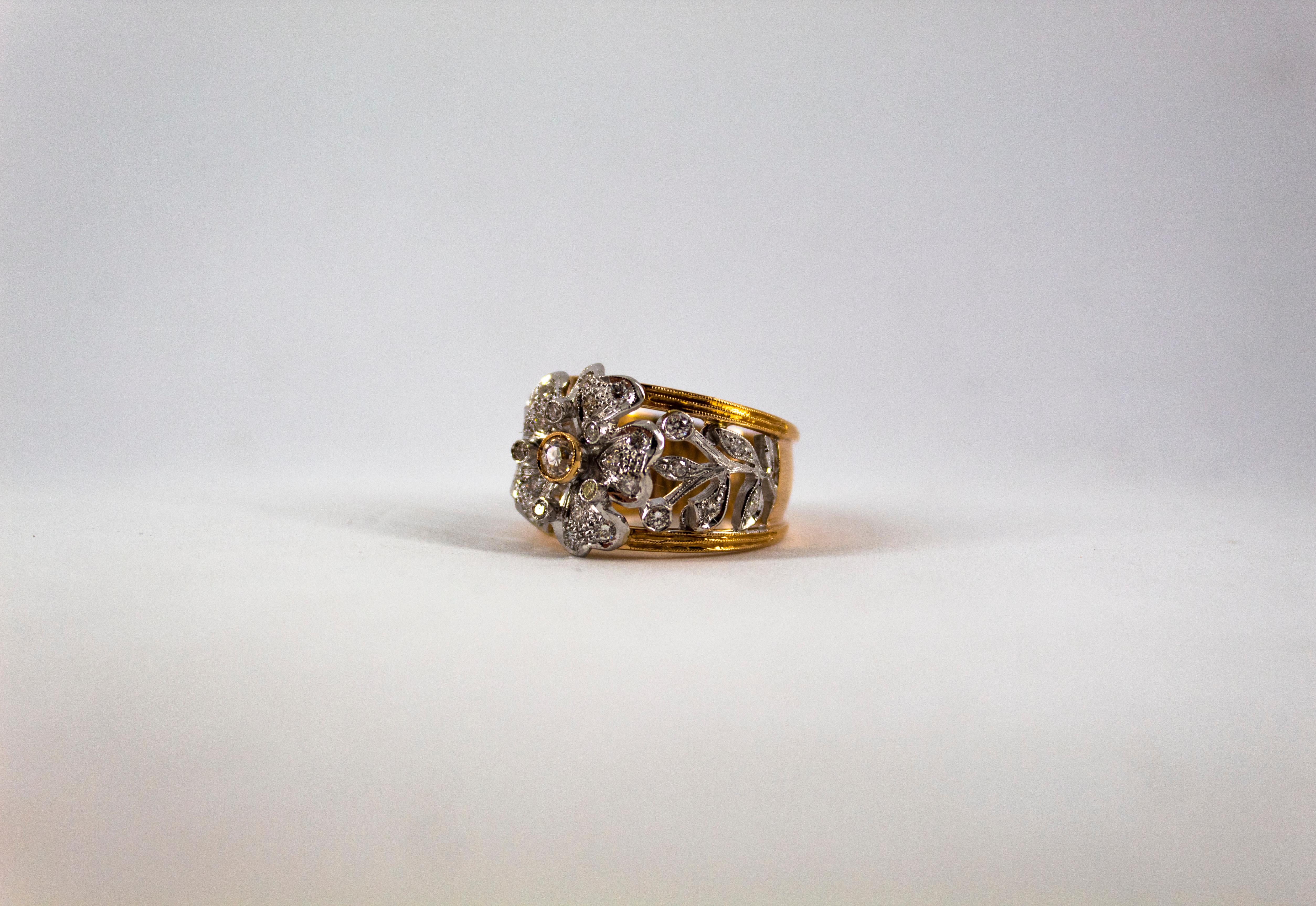 Women's or Men's Art Nouveau Style 0.70 Carat White Diamond Yellow Gold Fashion 