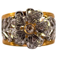 Bague Flowerer de style Art nouveau en or jaune avec diamants blancs de 0,70 carat