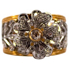 Bague Flowerer de style Art nouveau en or jaune avec diamants blancs de 0,70 carat
