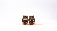 Art Nouveau Style 1.13 Carat White Diamond Ruby Onyx Yellow Gold "Owl" Cufflinks