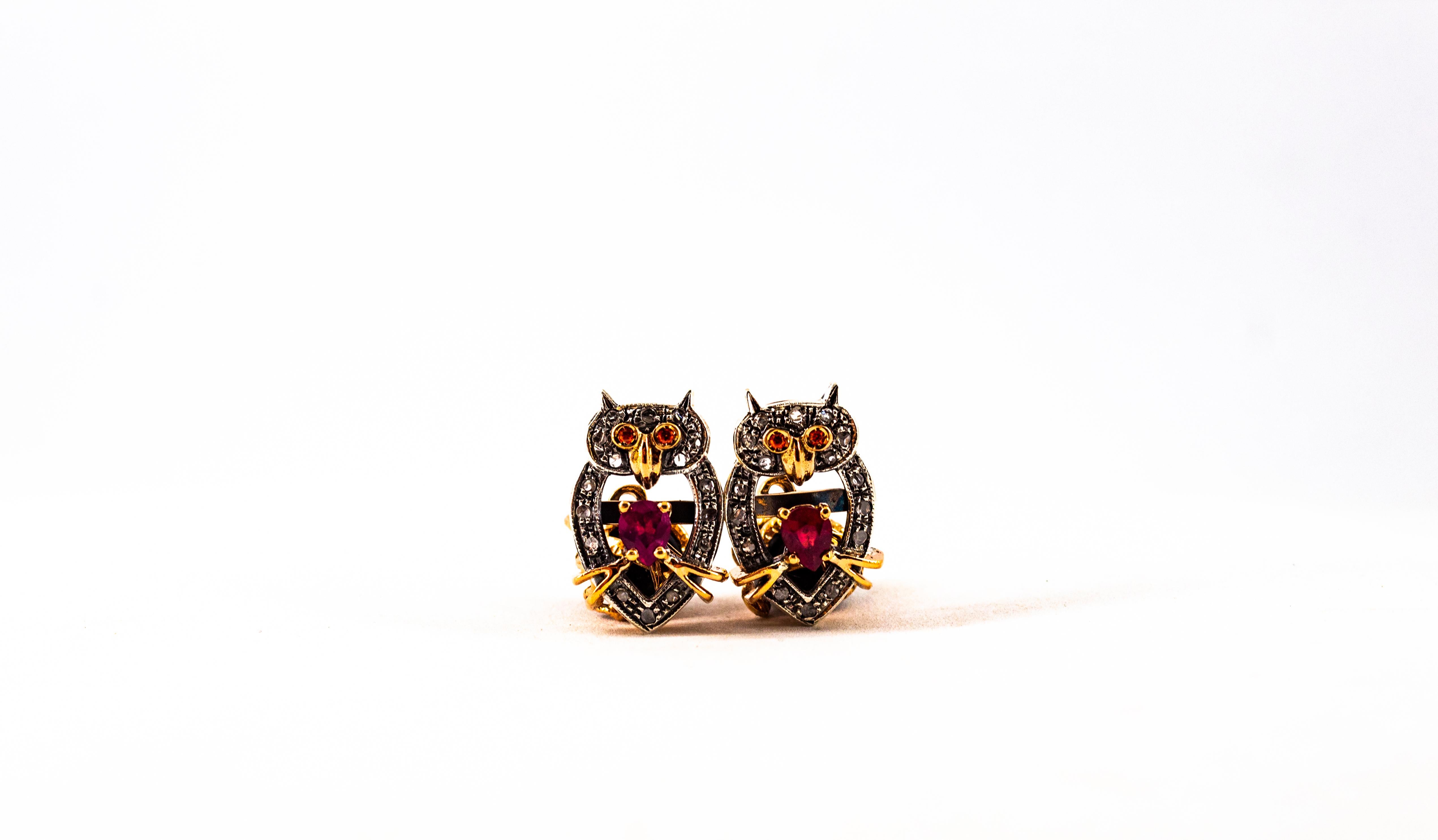 Taille rose Boutons de manchette hibou de style Art nouveau en or jaune avec diamant blanc de 1,13 carat, rubis et onyx en vente