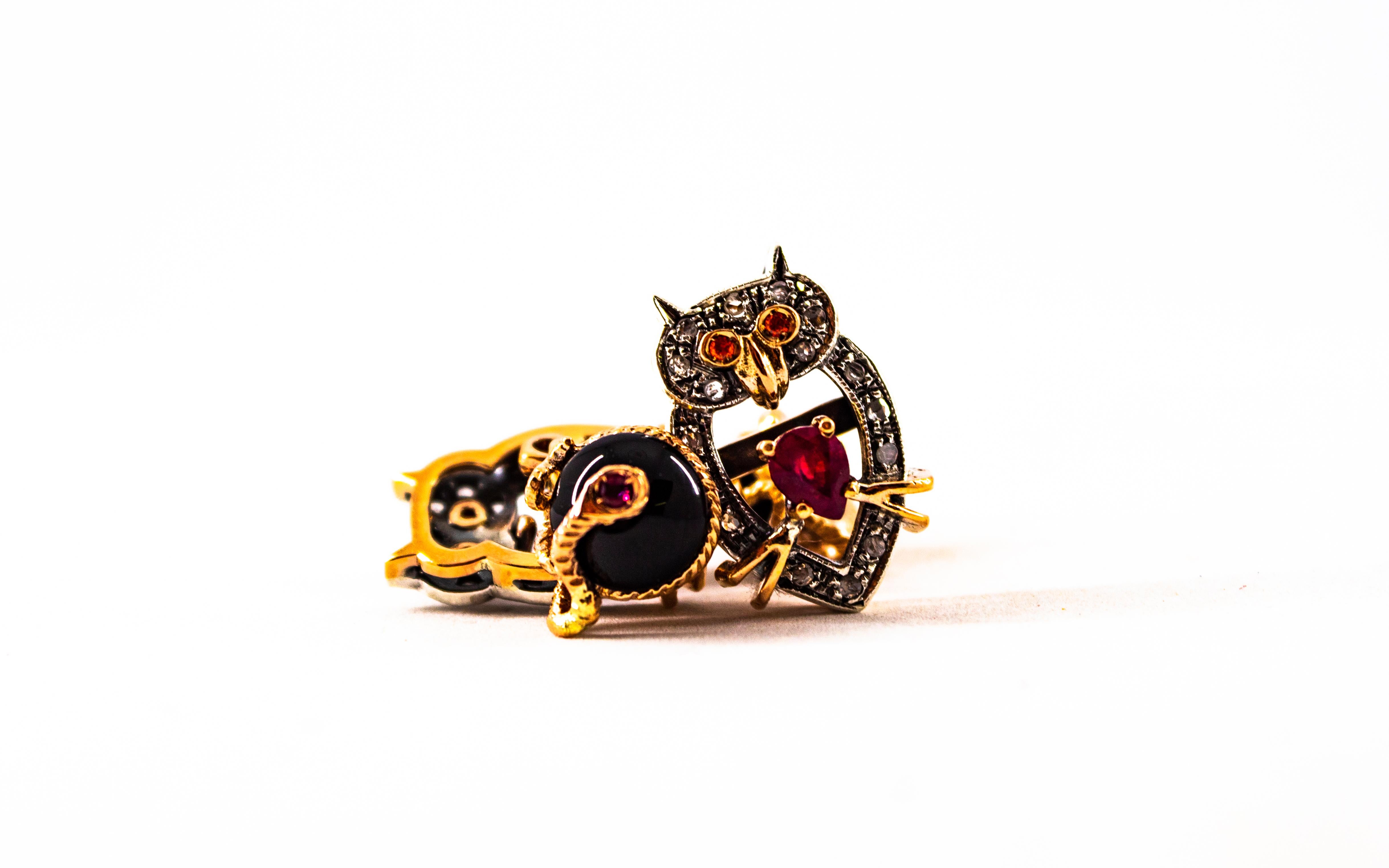 Women's or Men's Art Nouveau Style 1.13 Carat White Diamond Ruby Onyx Yellow Gold 