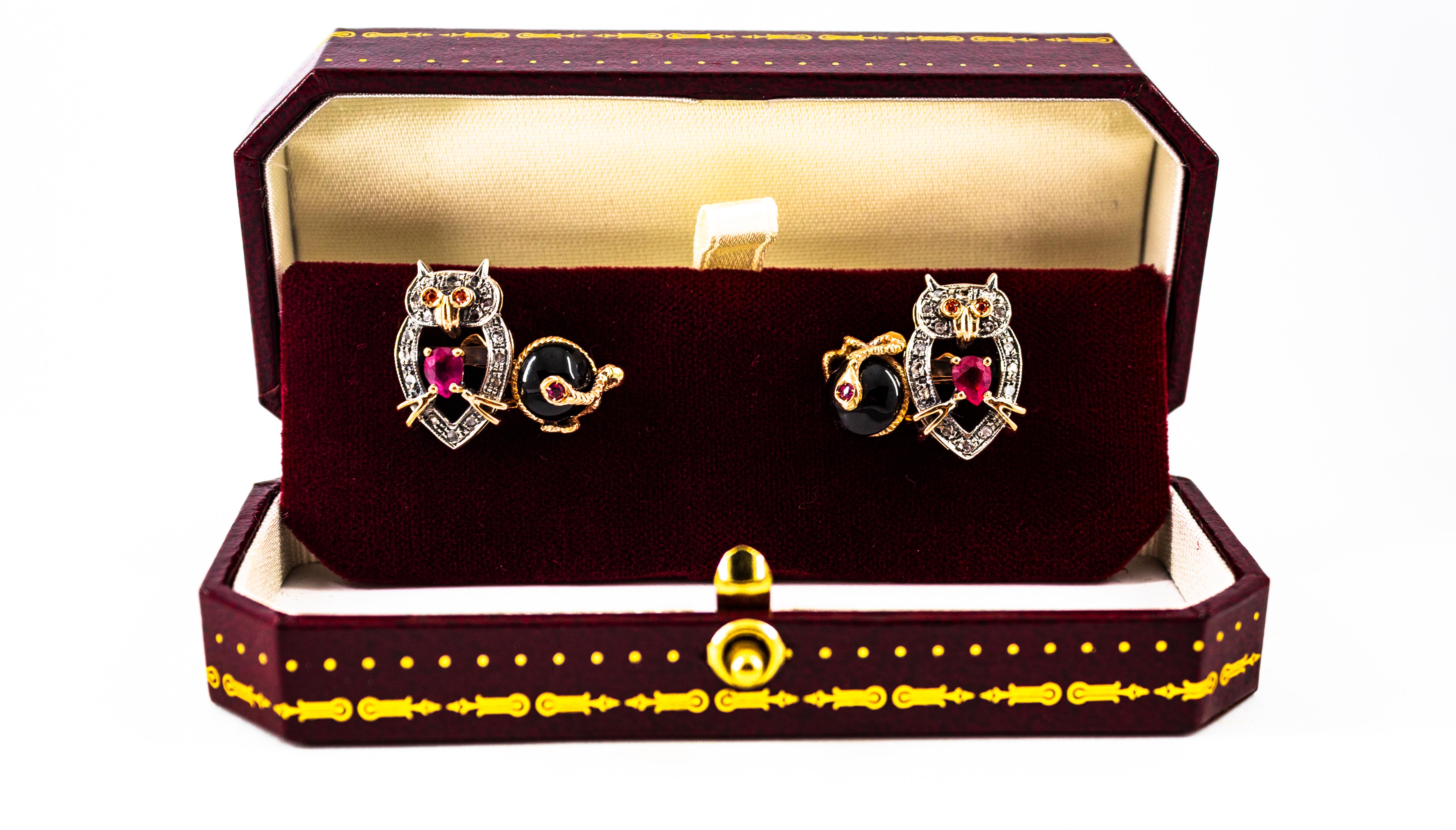 Boutons de manchette hibou de style Art nouveau en or jaune avec diamant blanc de 1,13 carat, rubis et onyx en vente 2