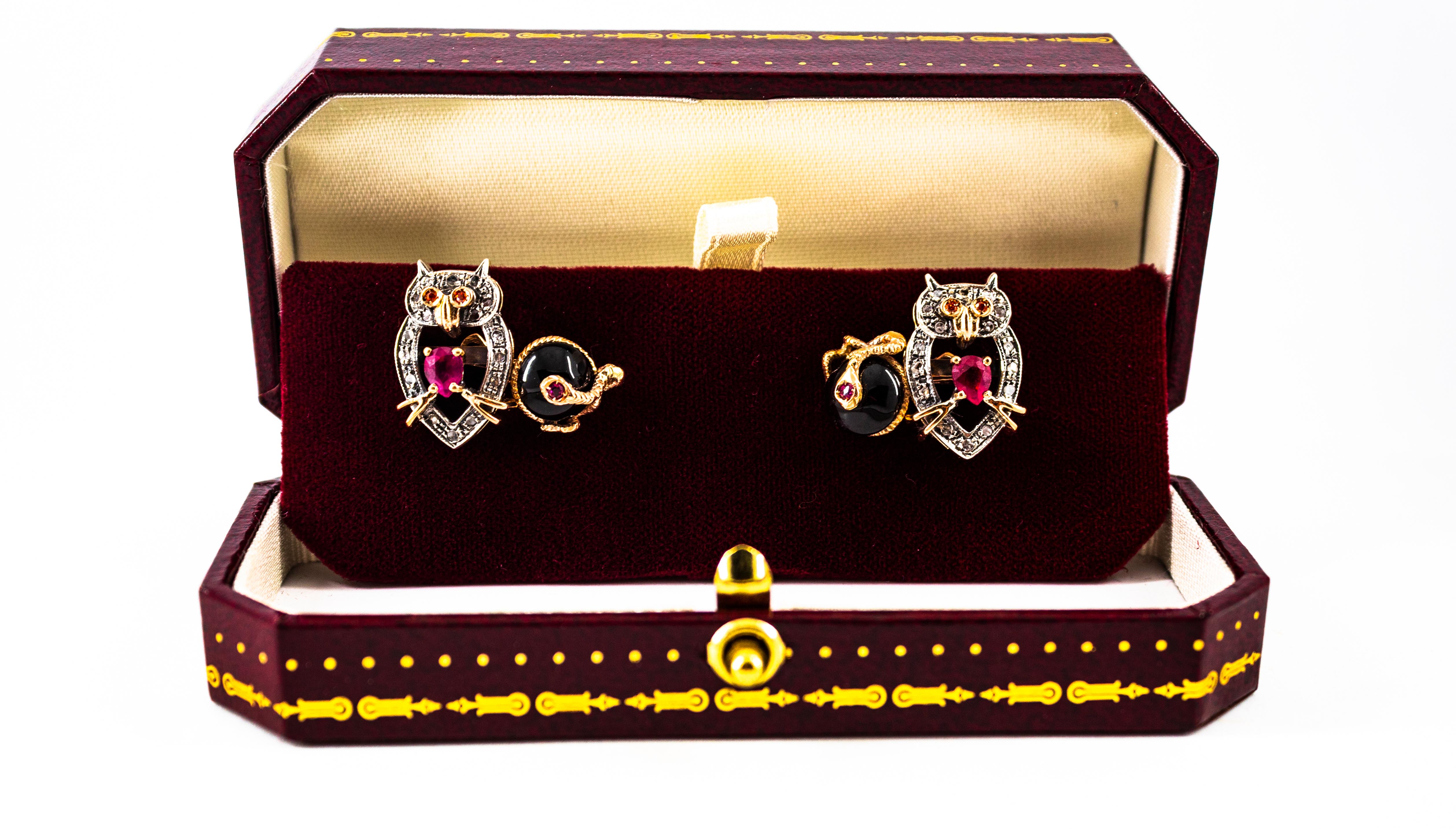 Art Nouveau Style 1.13 Carat White Diamond Ruby Onyx Yellow Gold 