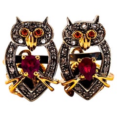 Retro Art Nouveau Style 1.13 Carat White Diamond Ruby Onyx Yellow Gold "Owl" Cufflinks