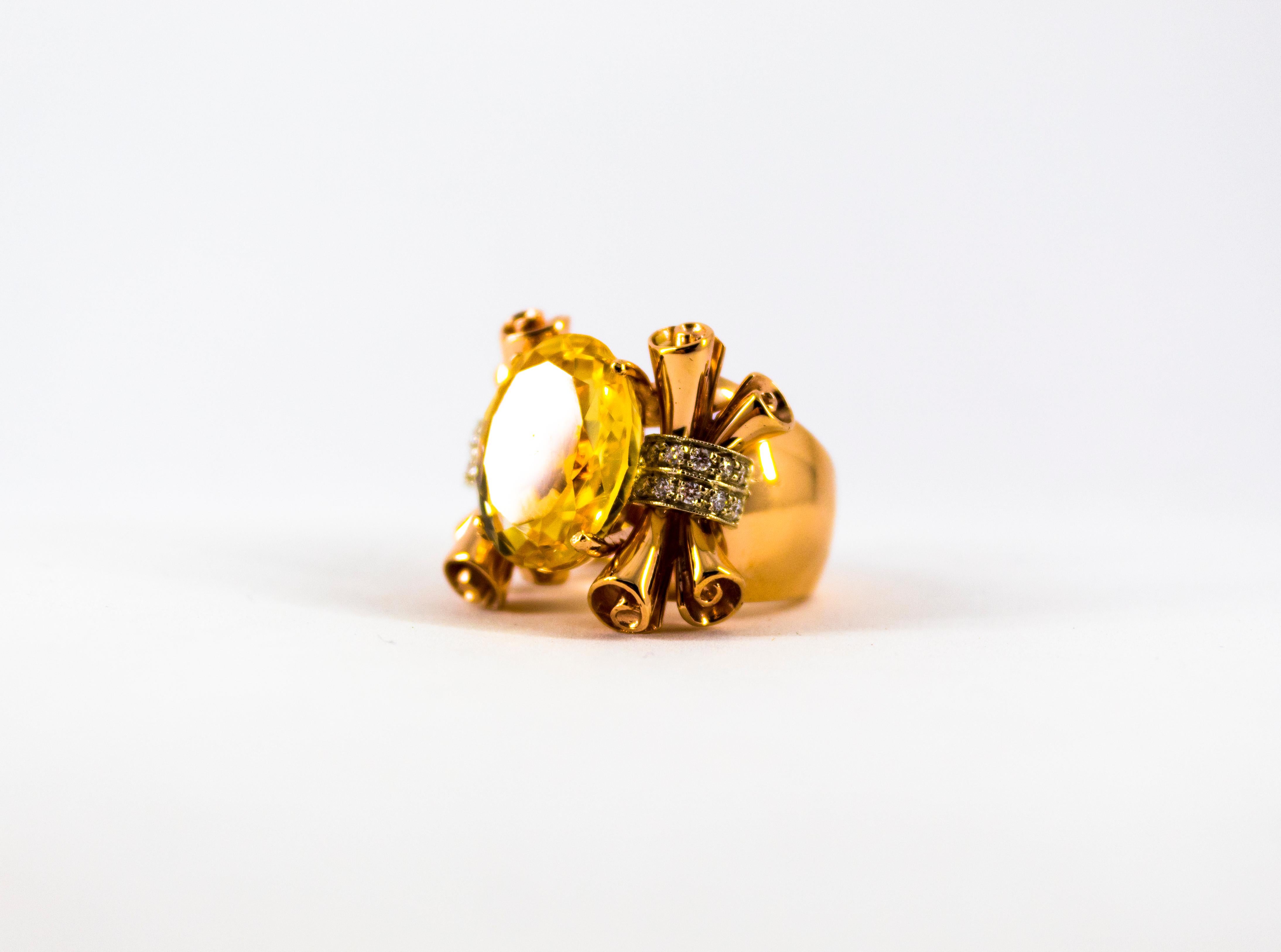 Art Nouveau Style 12.30 Carat White Diamond Citrine Yellow Gold Cocktail Ring For Sale 5