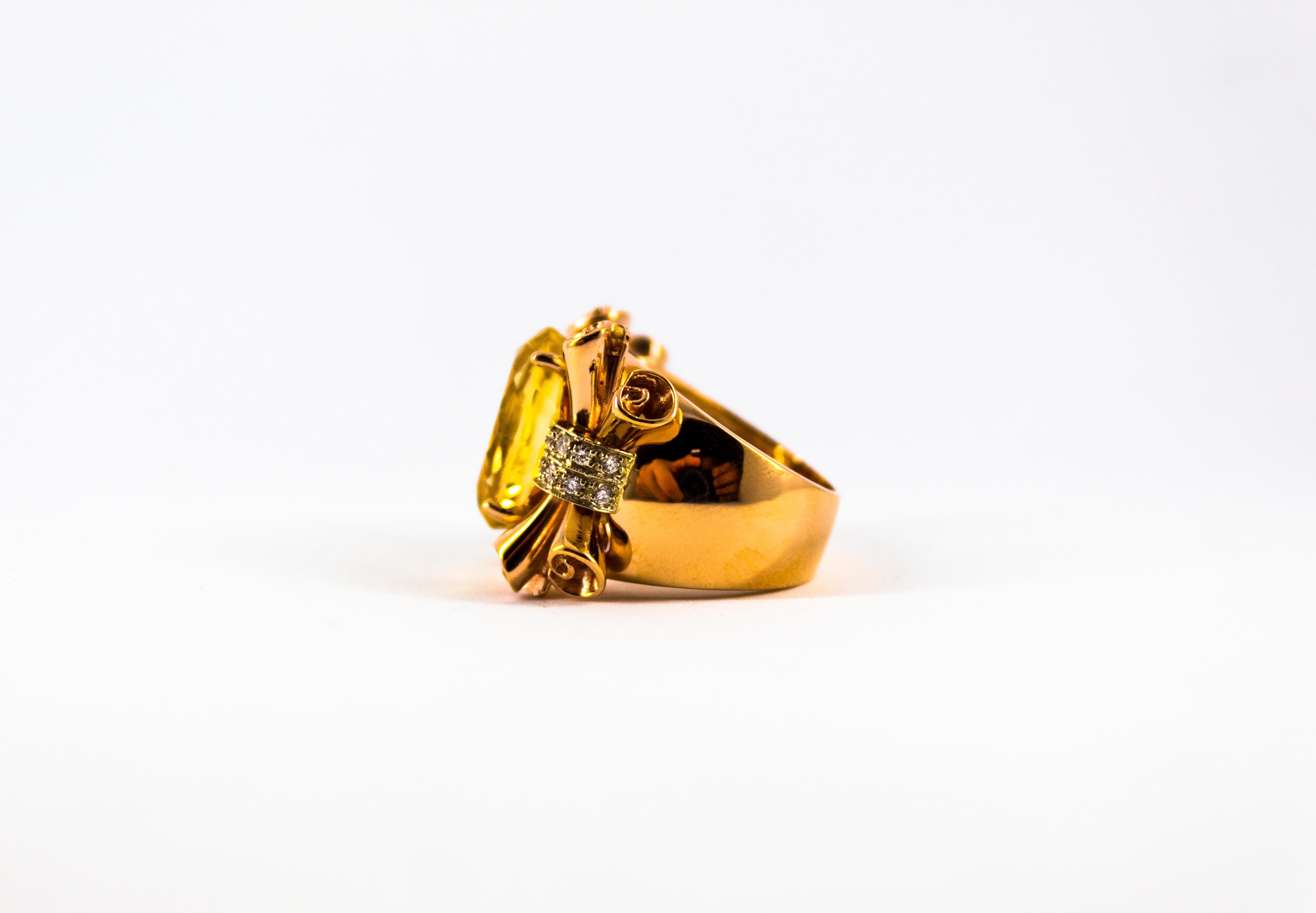 Art Nouveau Style 12.30 Carat White Diamond Citrine Yellow Gold Cocktail Ring For Sale 7