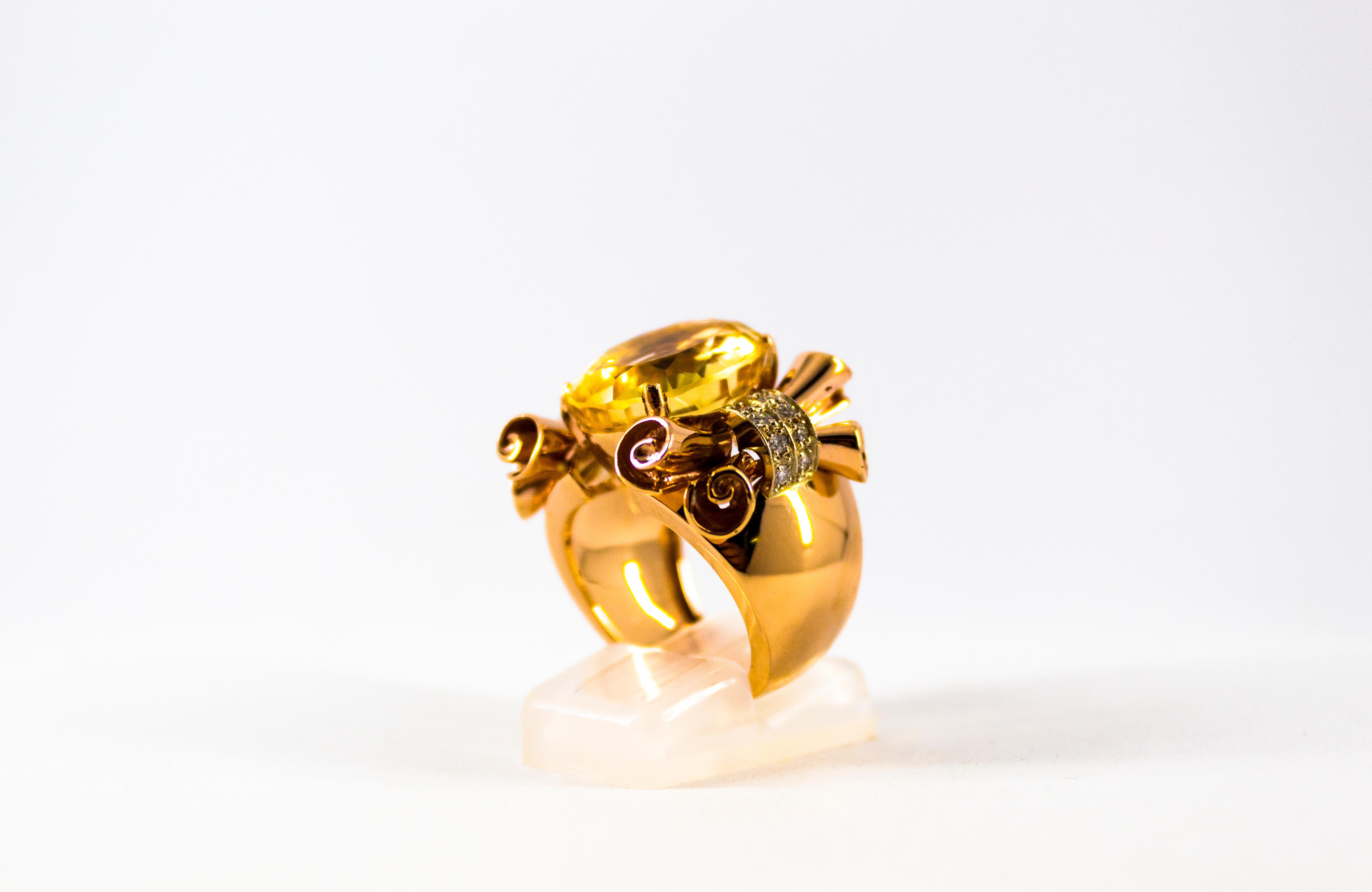 Art Nouveau Style 12.30 Carat White Diamond Citrine Yellow Gold Cocktail Ring In New Condition For Sale In Naples, IT