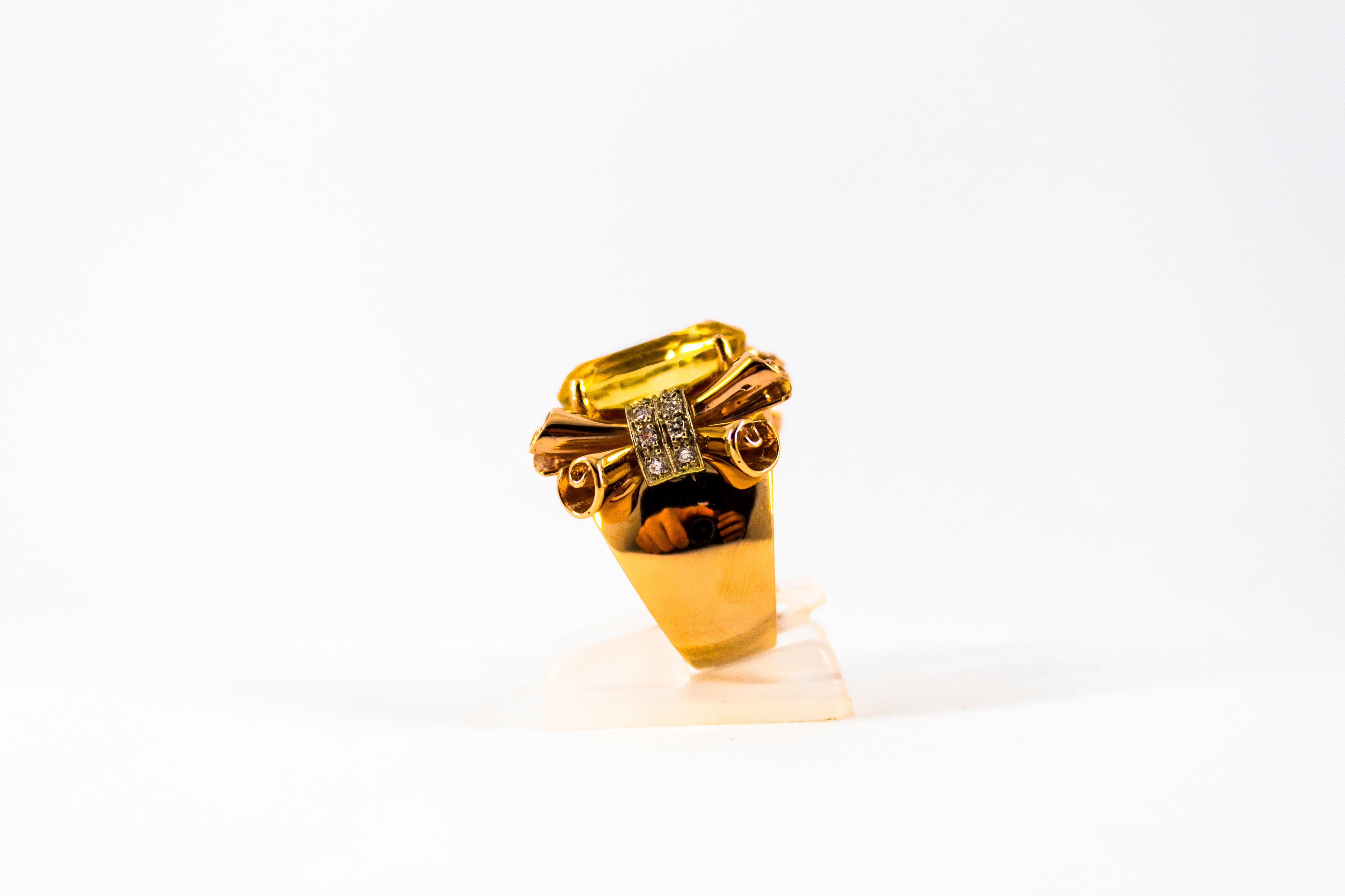Women's or Men's Art Nouveau Style 12.30 Carat White Diamond Citrine Yellow Gold Cocktail Ring For Sale