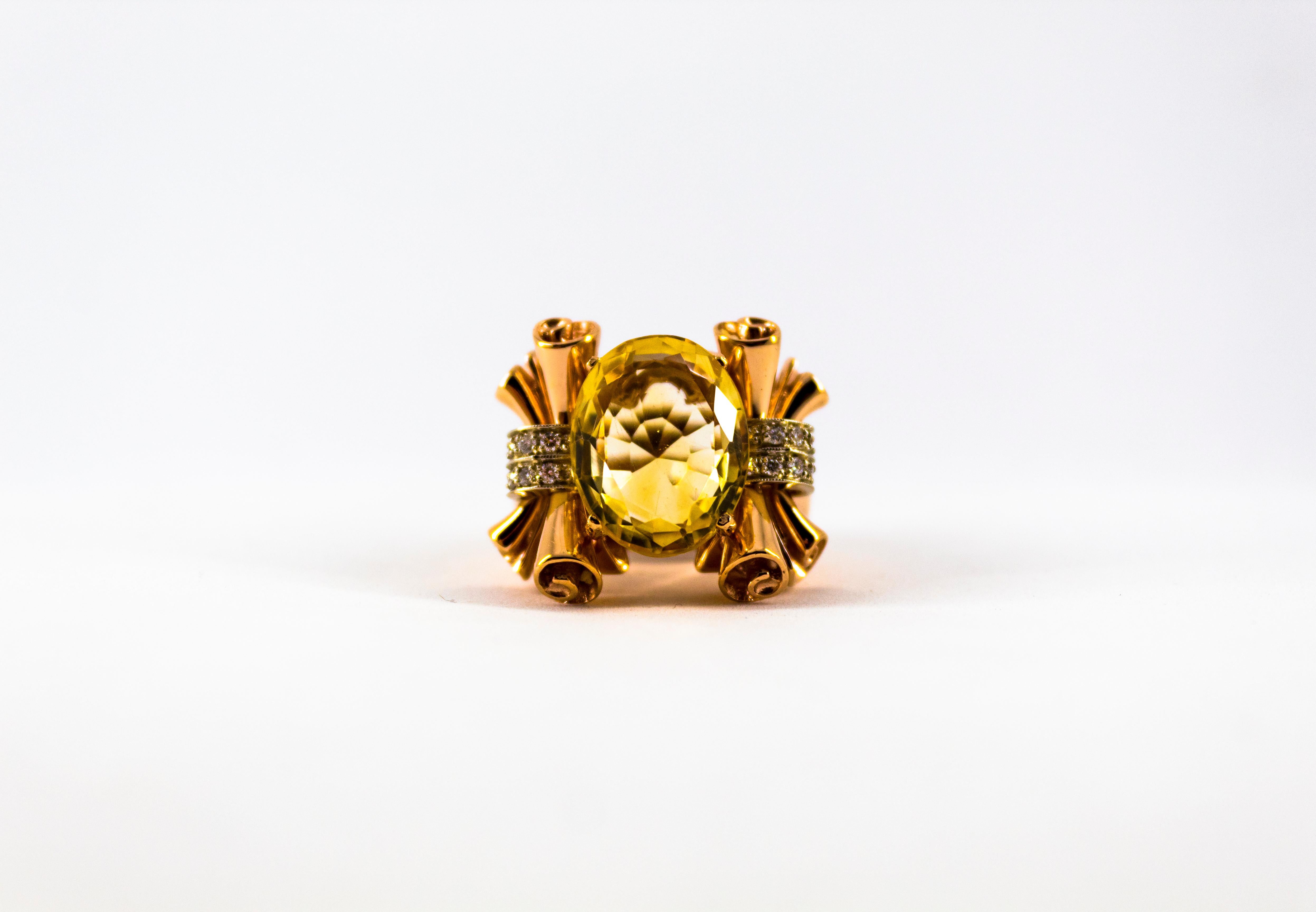 Art Nouveau Style 12.30 Carat White Diamond Citrine Yellow Gold Cocktail Ring For Sale 3