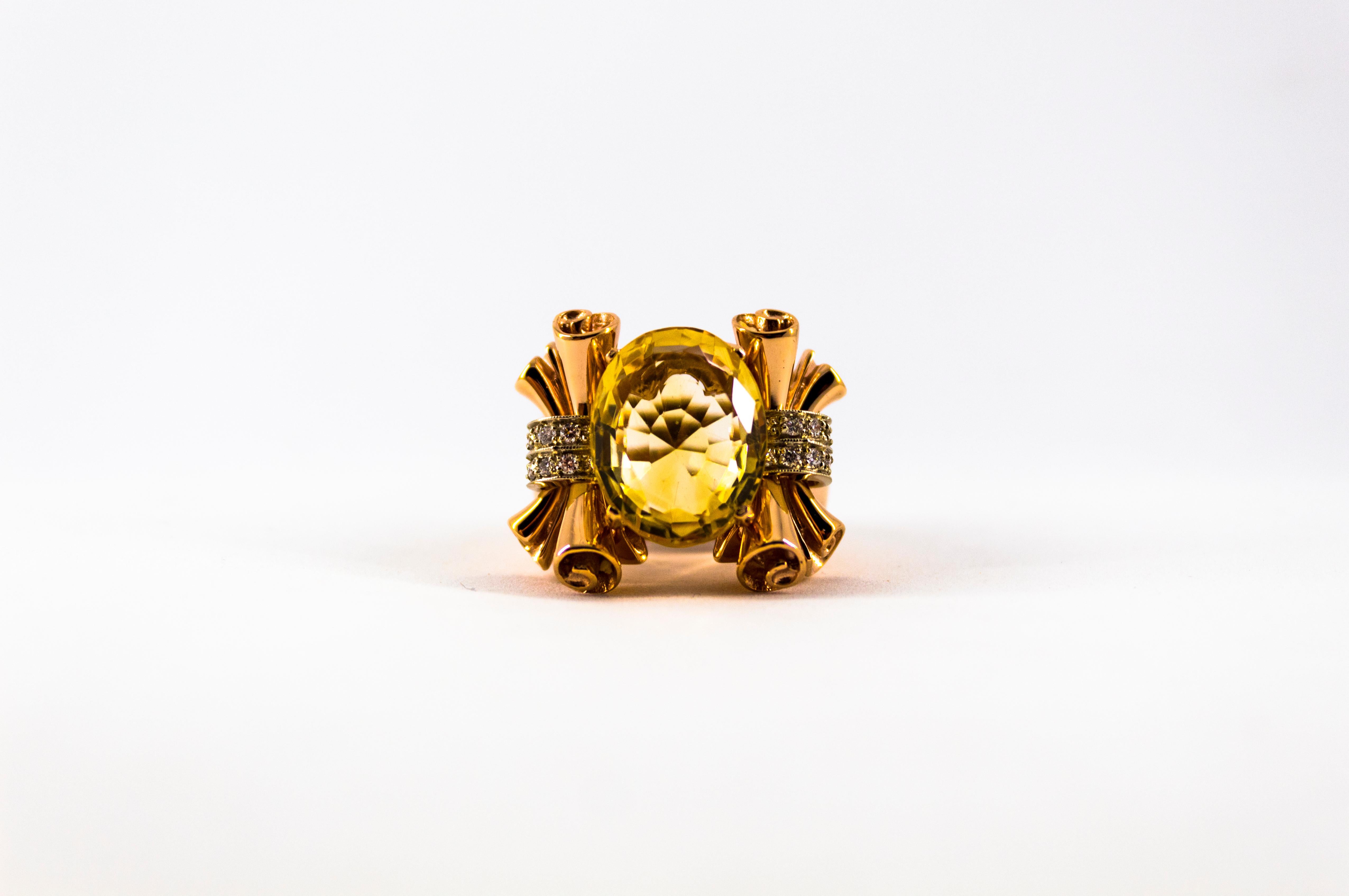 Art Nouveau Style 12.30 Carat White Diamond Citrine Yellow Gold Cocktail Ring For Sale 4