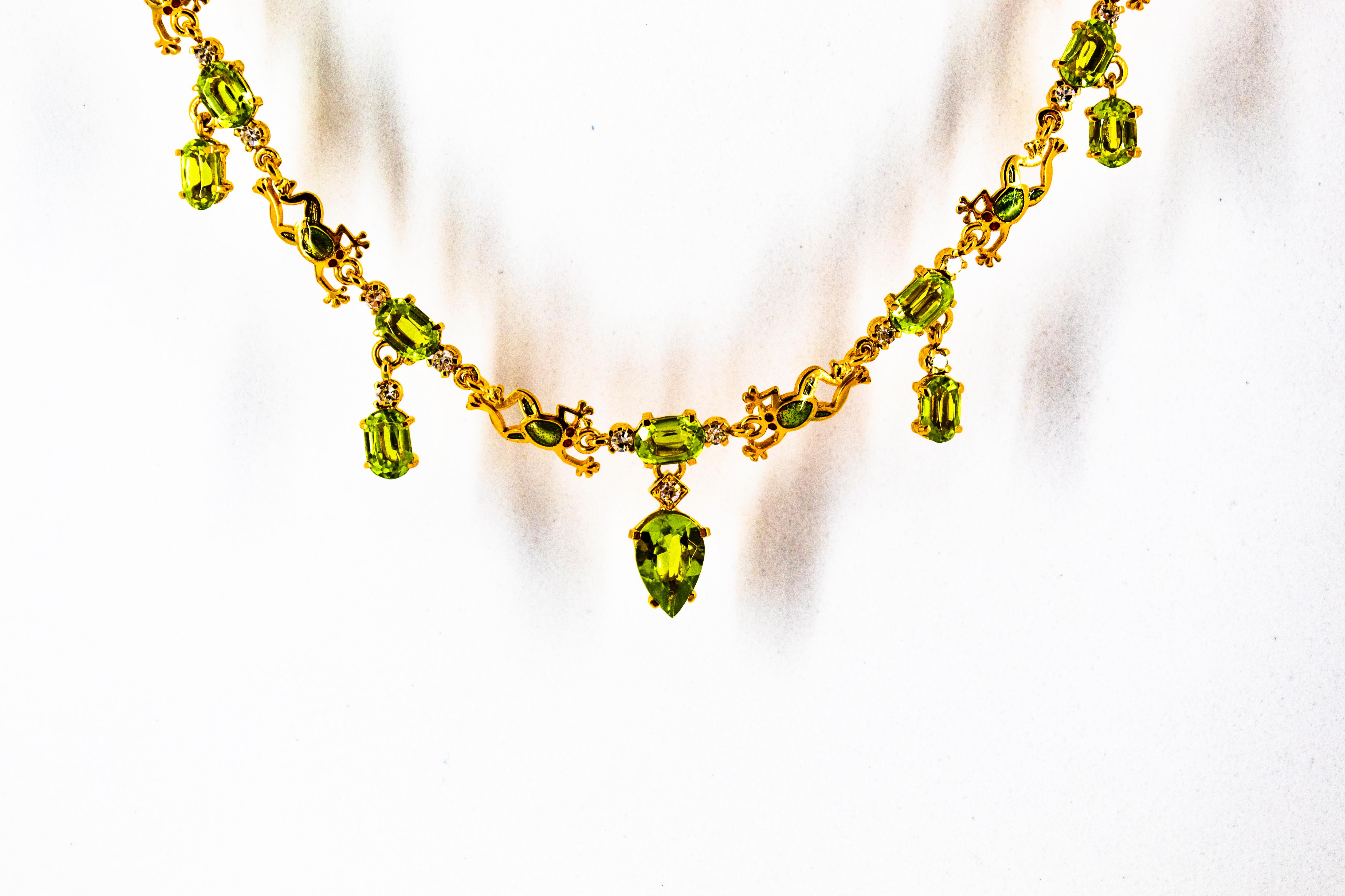 Art Nouveau Style 14.89 Carat White Diamond Peridot Enamel Yellow Gold Necklace 6