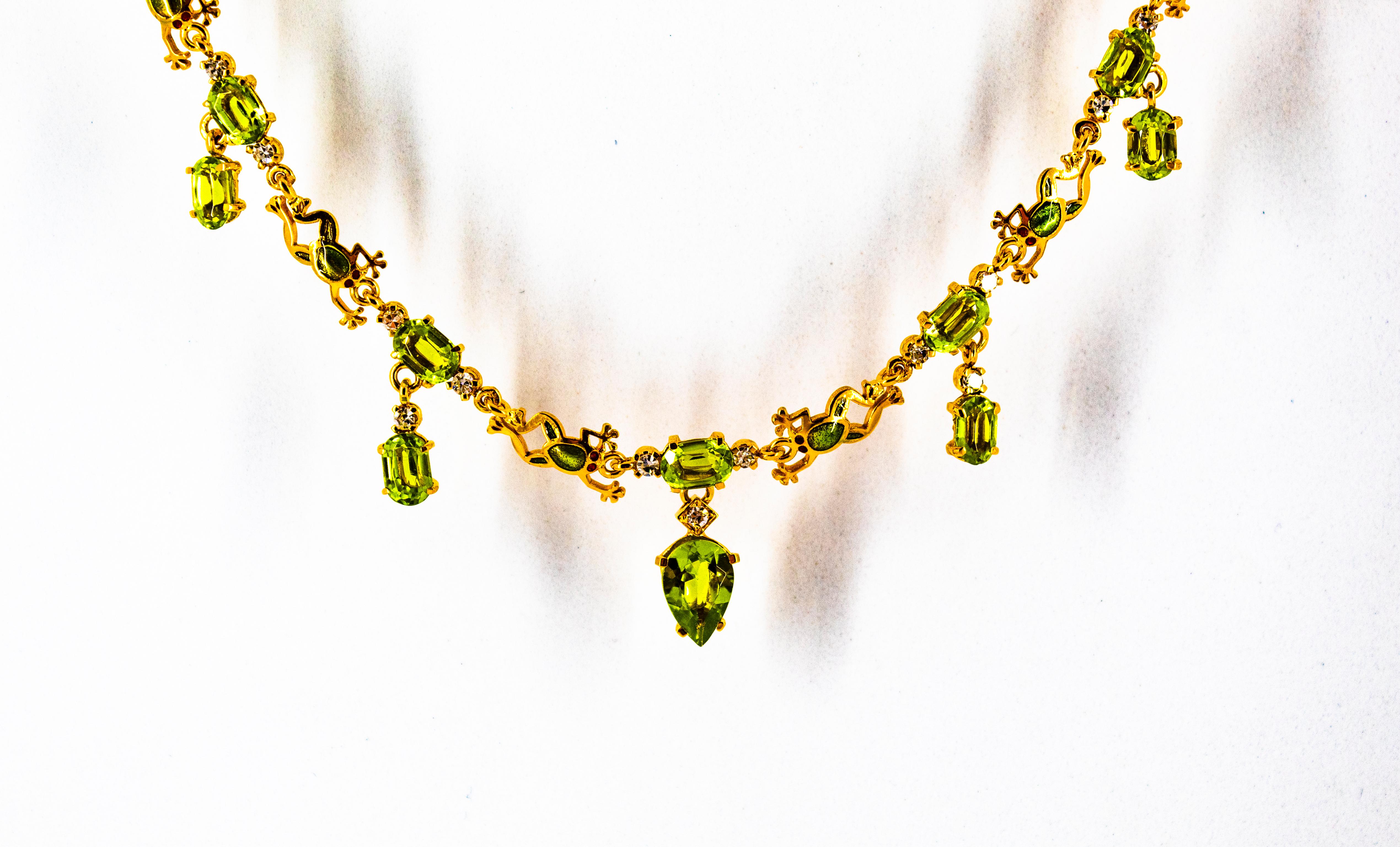 Art Nouveau Style 14.89 Carat White Diamond Peridot Enamel Yellow Gold Necklace 7