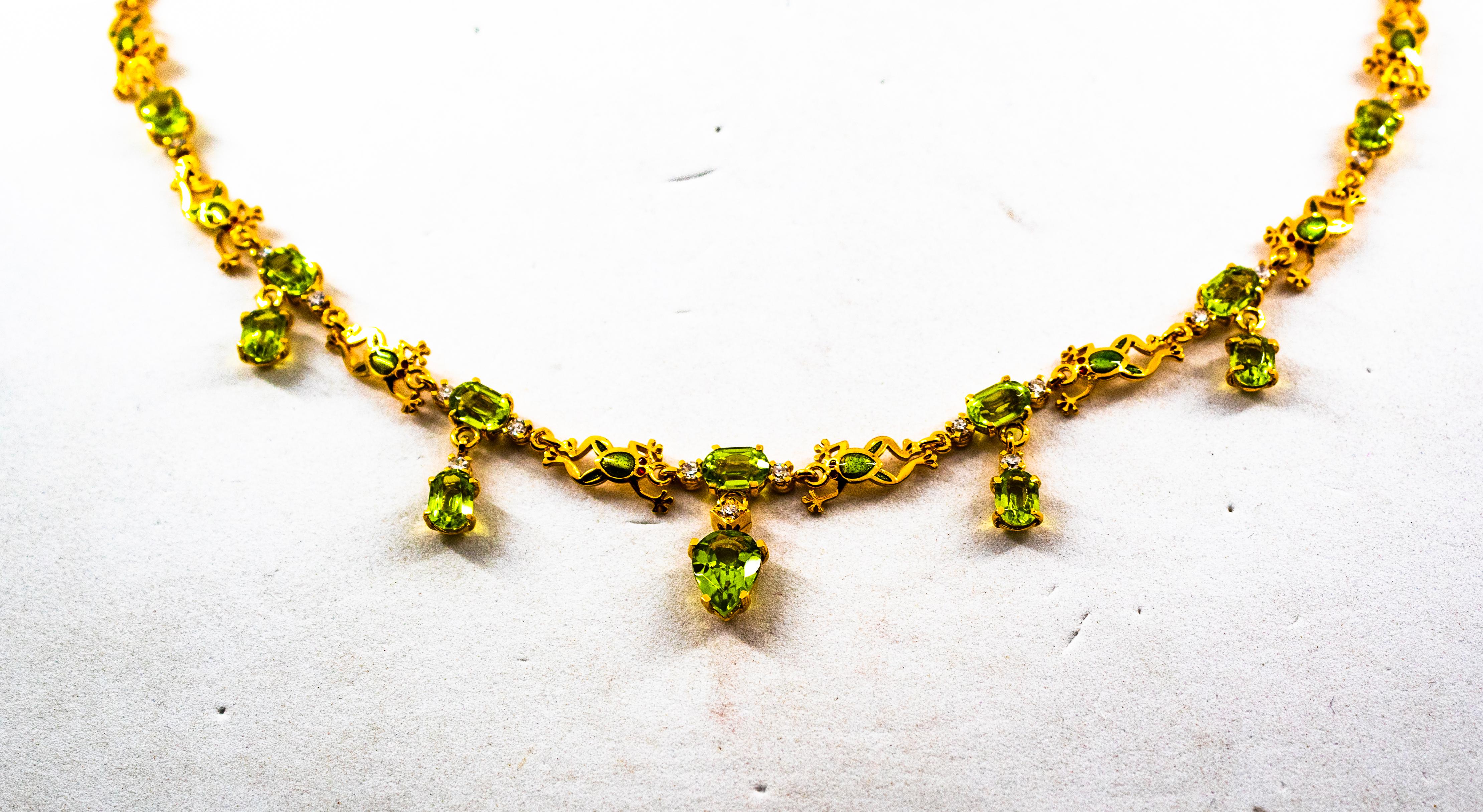 This Necklace is made of 9K Yellow Gold.
This Necklace has 0.99 Carats of White Brilliant Cut Diamonds.
This Necklace has 13.90 Carats of Peridots.
This Necklace has Green Enamel.

This Necklace is inspired by Art Deco.

This Necklace is available