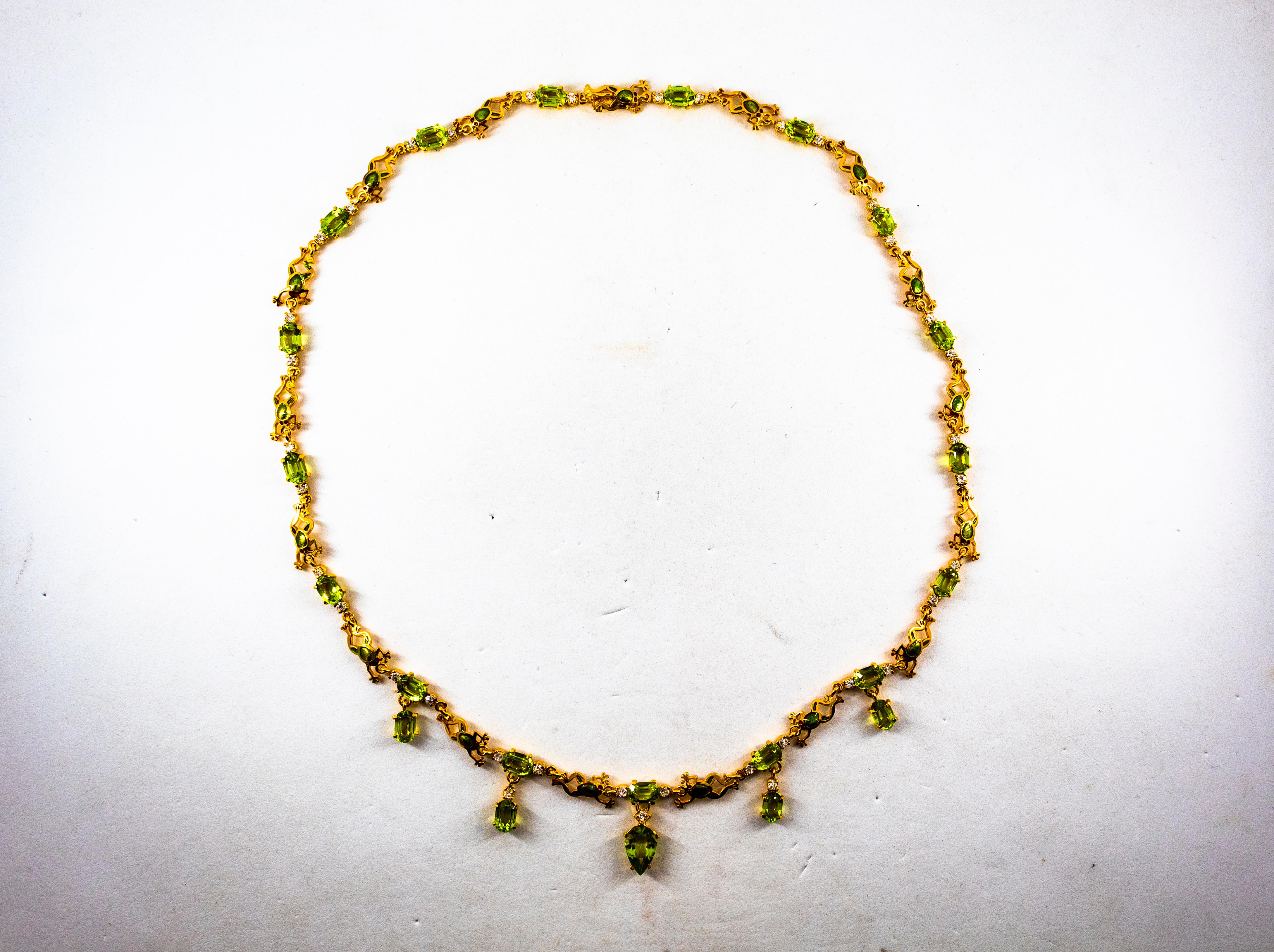 Art Nouveau Style 14.89 Carat White Diamond Peridot Enamel Yellow Gold Necklace In New Condition In Naples, IT