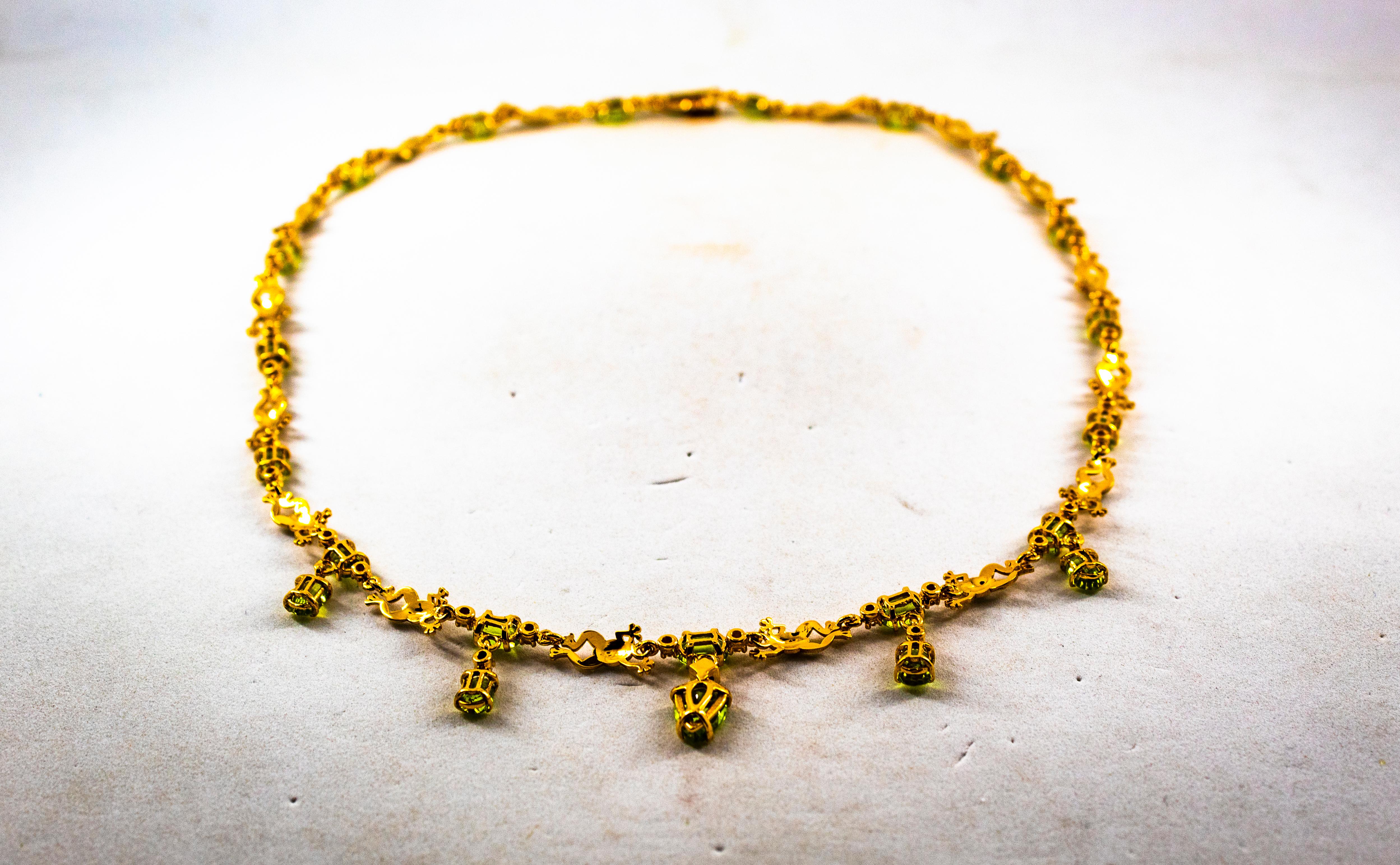 Women's or Men's Art Nouveau Style 14.89 Carat White Diamond Peridot Enamel Yellow Gold Necklace