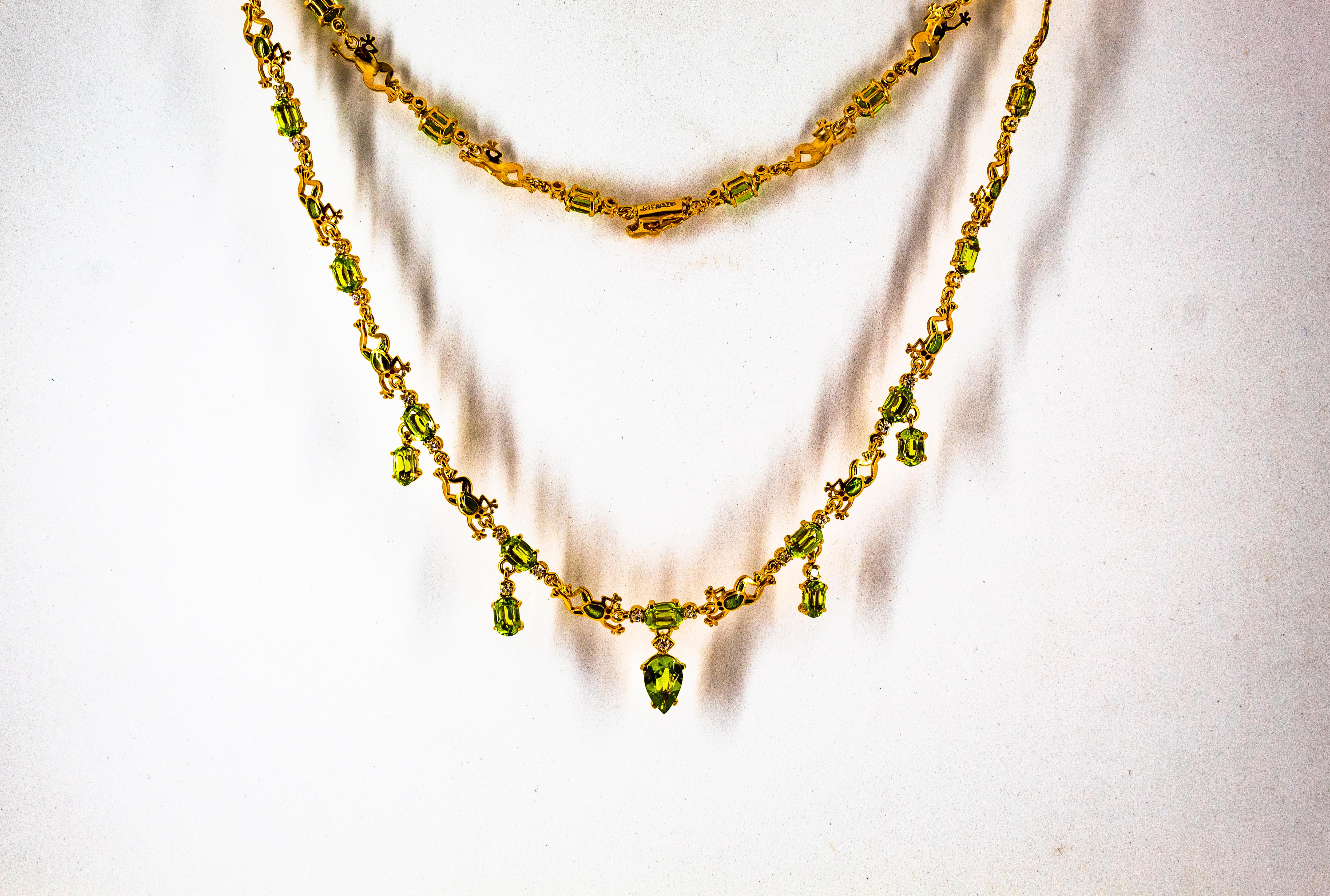 Art Nouveau Style 14.89 Carat White Diamond Peridot Enamel Yellow Gold Necklace For Sale 2