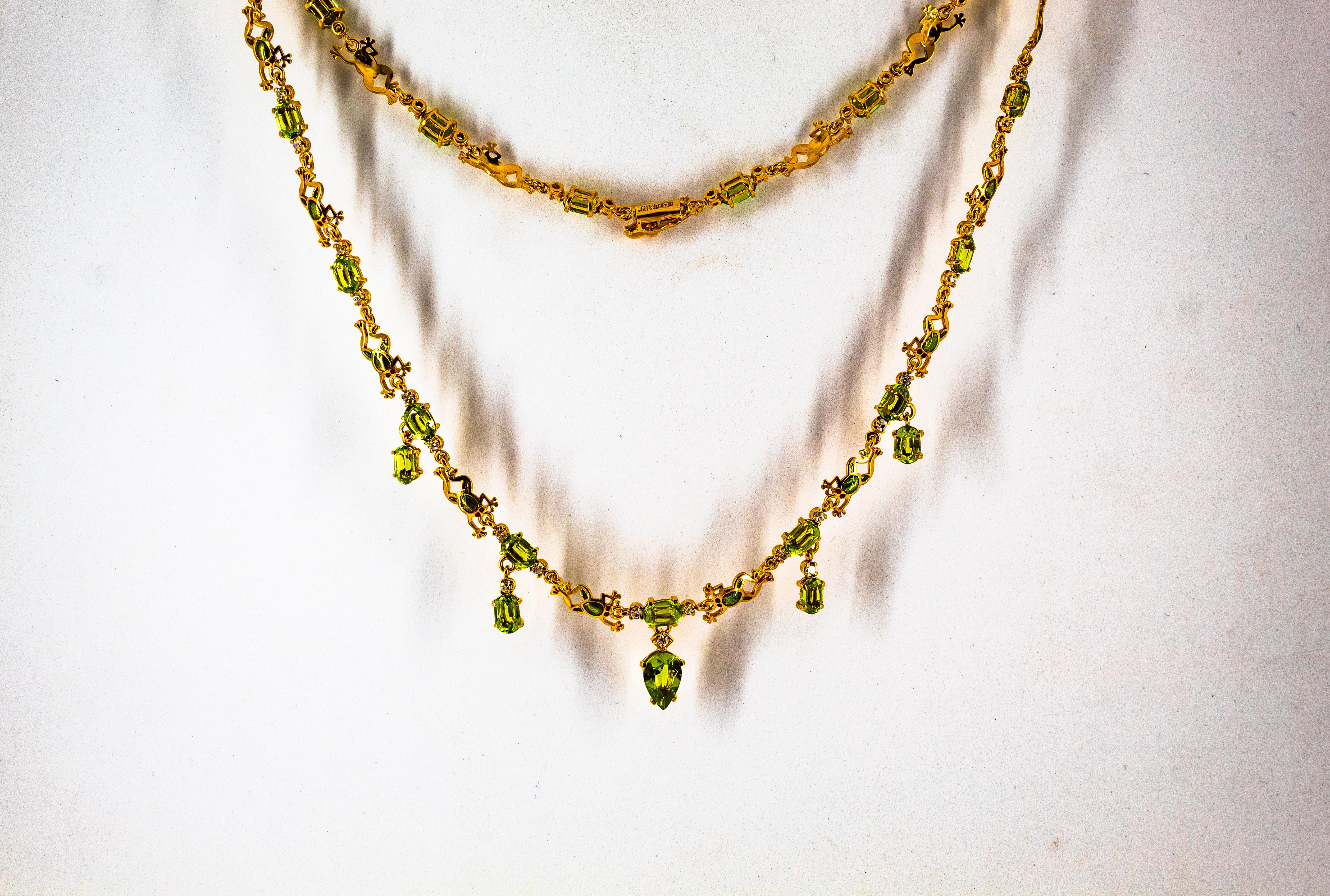 Art Nouveau Style 14.89 Carat White Diamond Peridot Enamel Yellow Gold Necklace For Sale 3