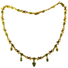 Collier Art Nouveau 14.89 Carat White Diamond Peridot Enamel Yellow Gold Necklace