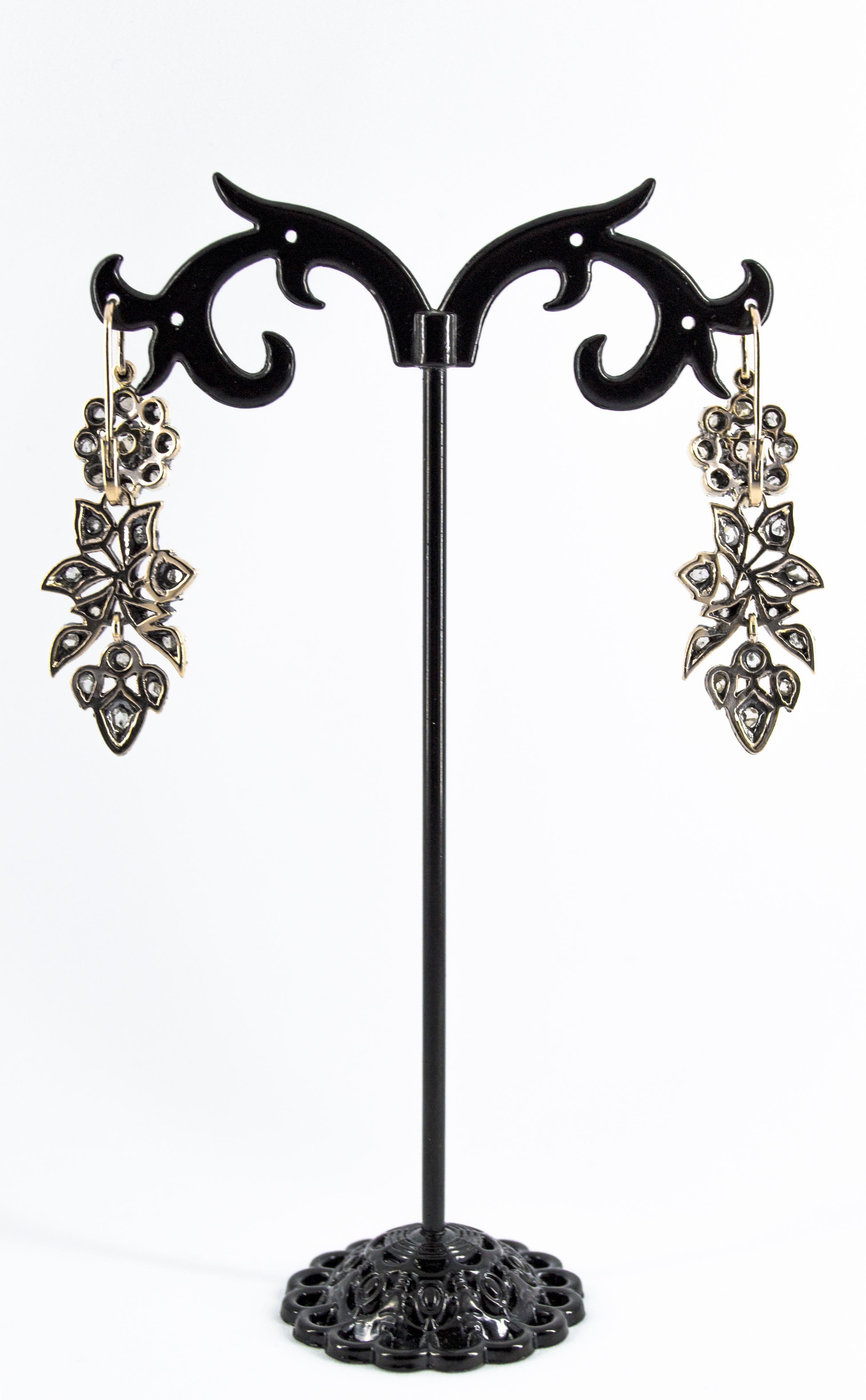 Women's or Men's Art Nouveau Style 1.60 Carat White Rose Cut Diamond Yellow Gold Drop Earrings