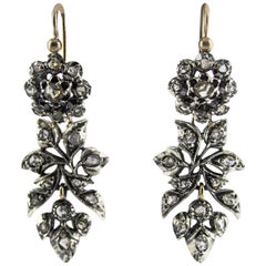 Art Nouveau Style 1.60 Carat White Rose Cut Diamond Yellow Gold Drop Earrings