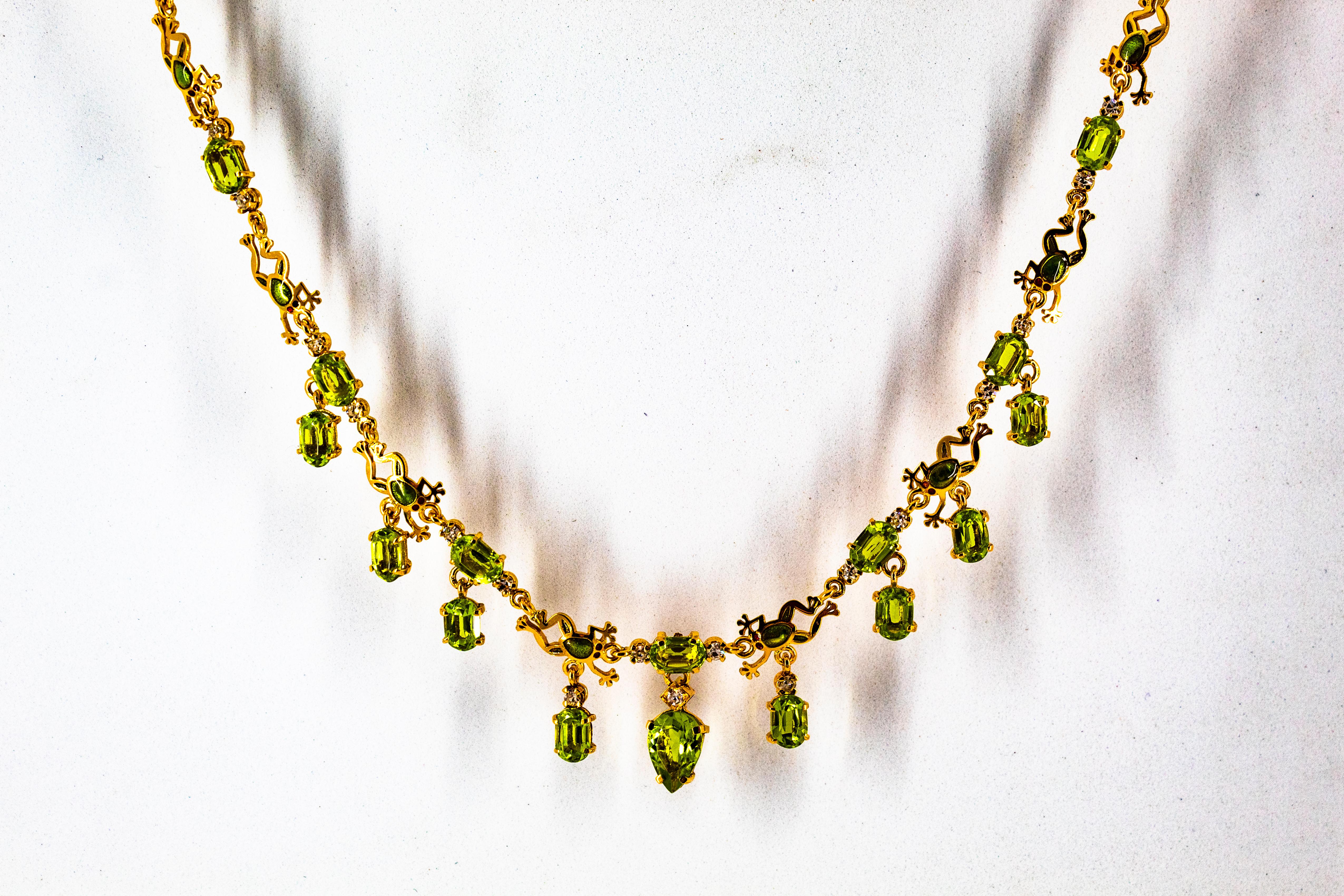 Art Nouveau Style 17.49 Carat White Diamond Peridot Enamel Yellow Gold Necklace For Sale 3