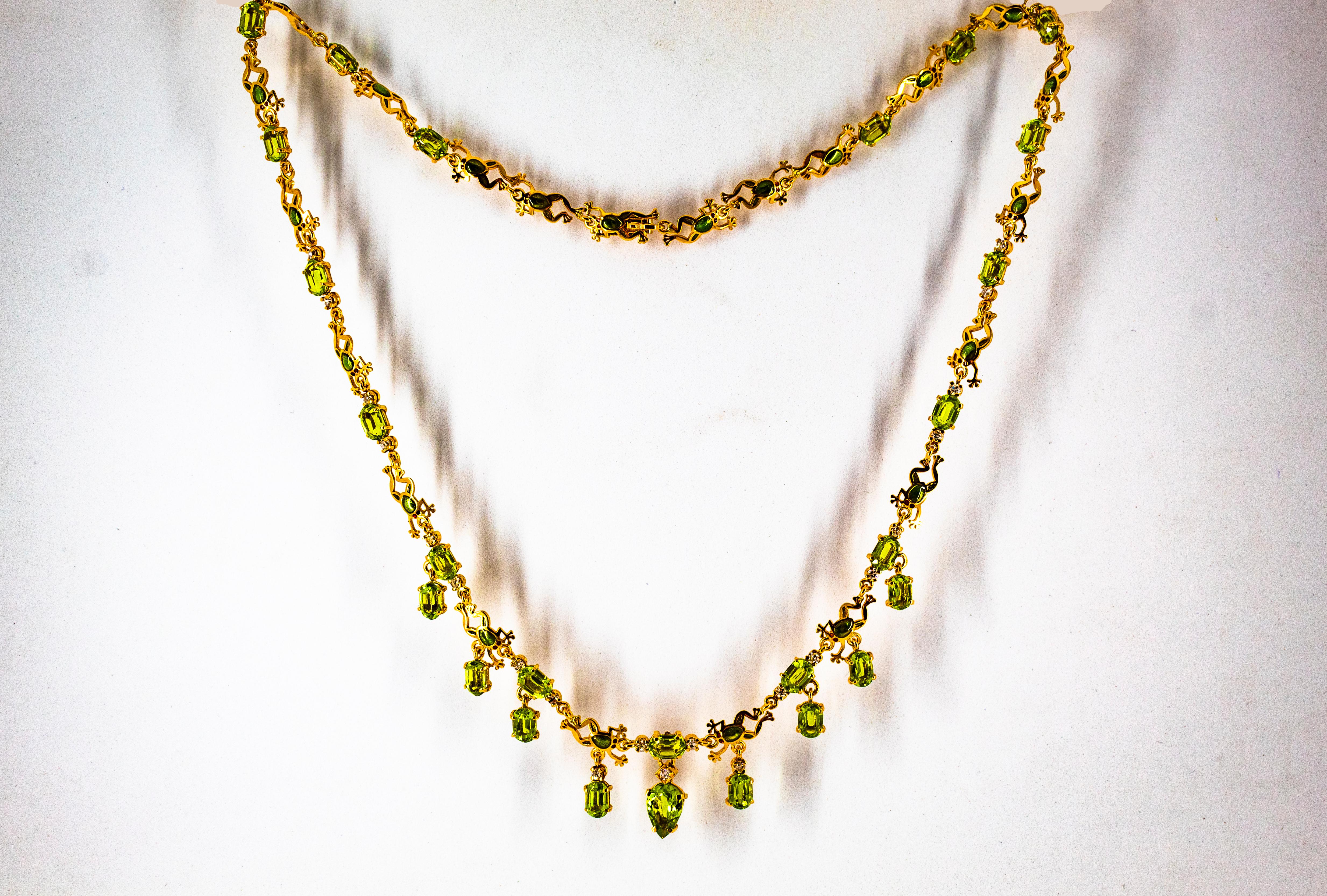 Art Nouveau Style 17.49 Carat White Diamond Peridot Enamel Yellow Gold Necklace For Sale 4