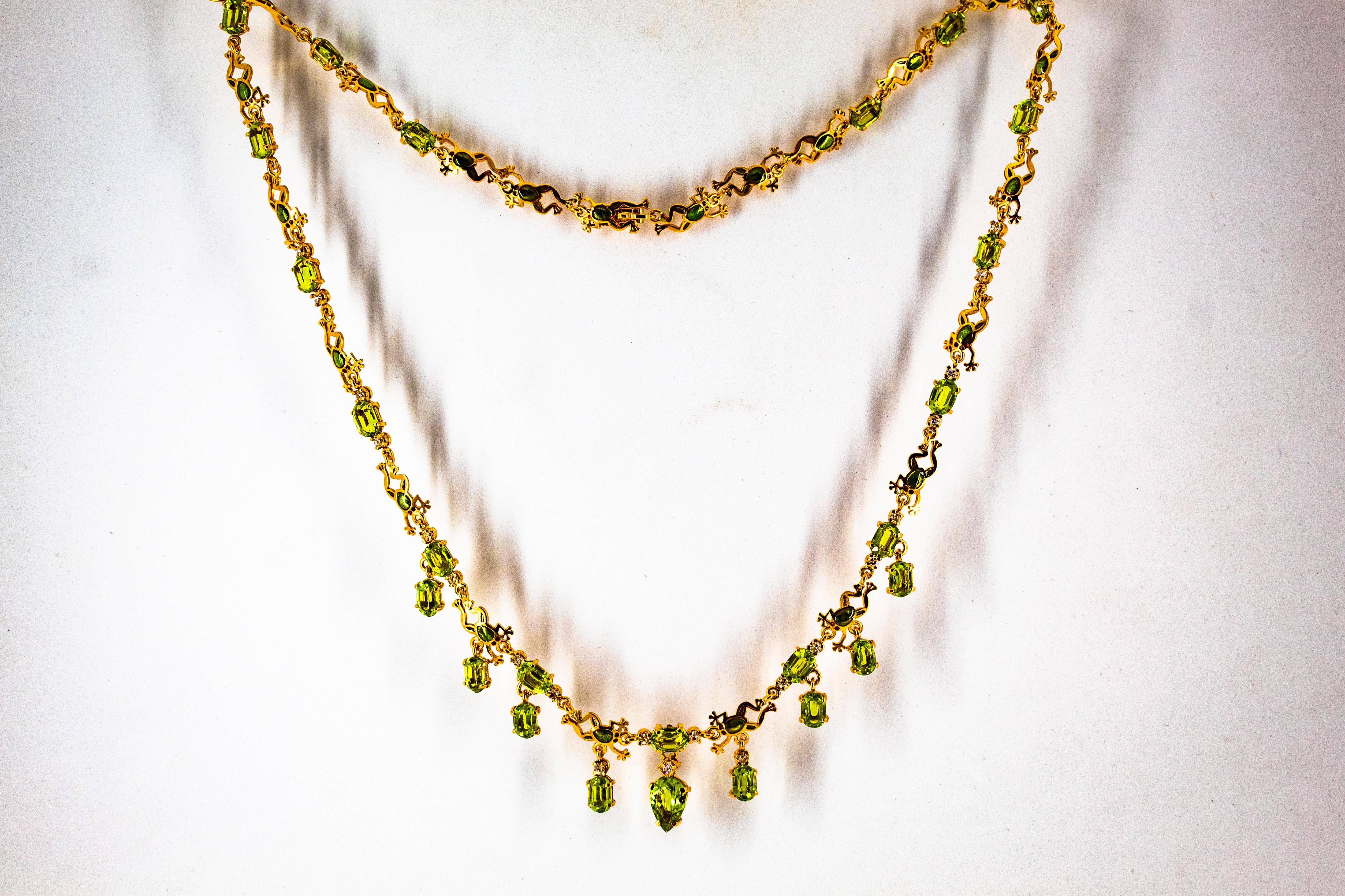 Art Nouveau Style 17.49 Carat White Diamond Peridot Enamel Yellow Gold Necklace For Sale 5