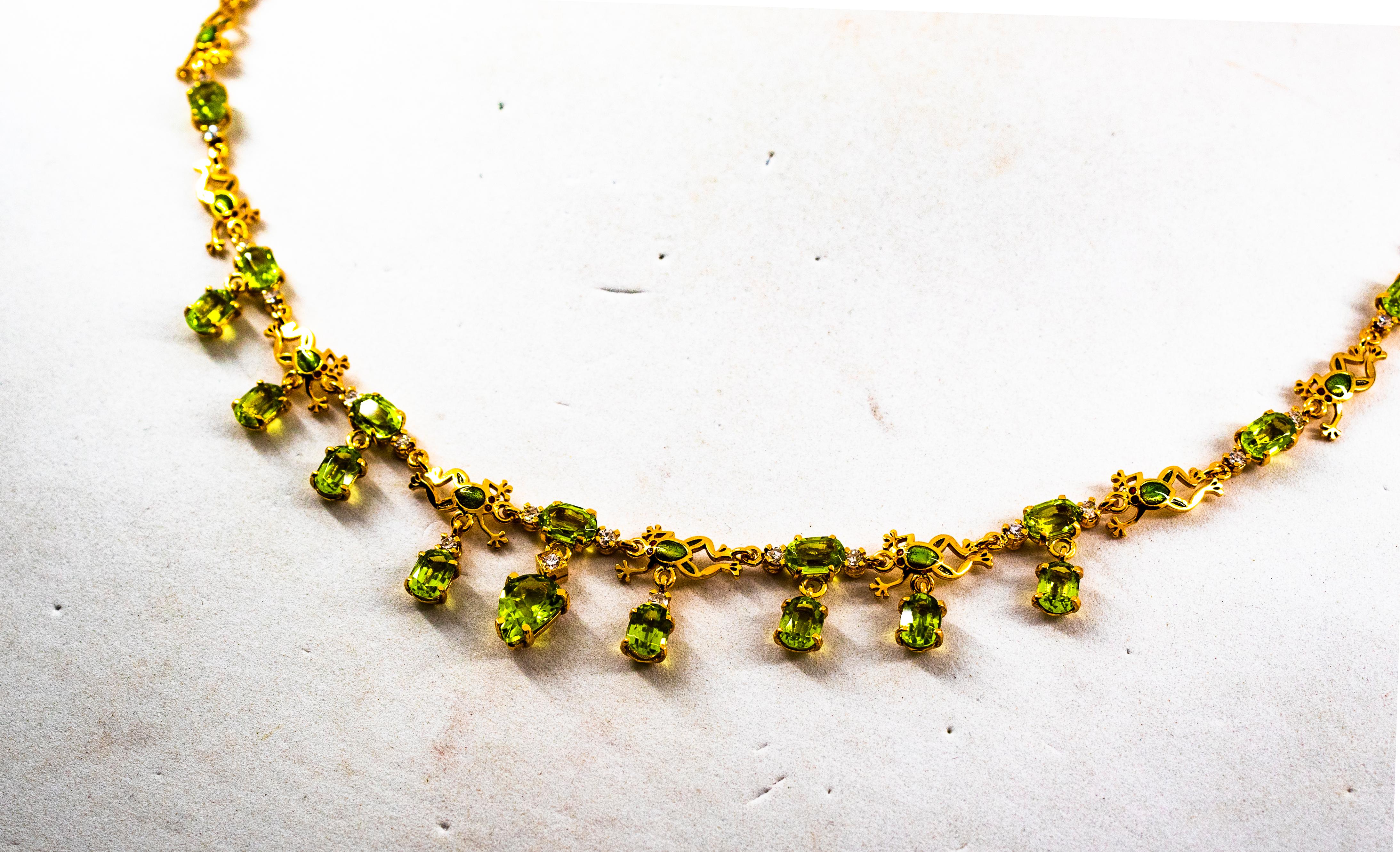 This Necklace is made of 9K Yellow Gold.
This Necklace has 0.59 Carats of White Brilliant Cut Diamonds.
This Necklace has 16.90 Carats of Peridots.
This Necklace has Green Enamel.

This Necklace is inspired by Art Deco.

This Necklace is available
