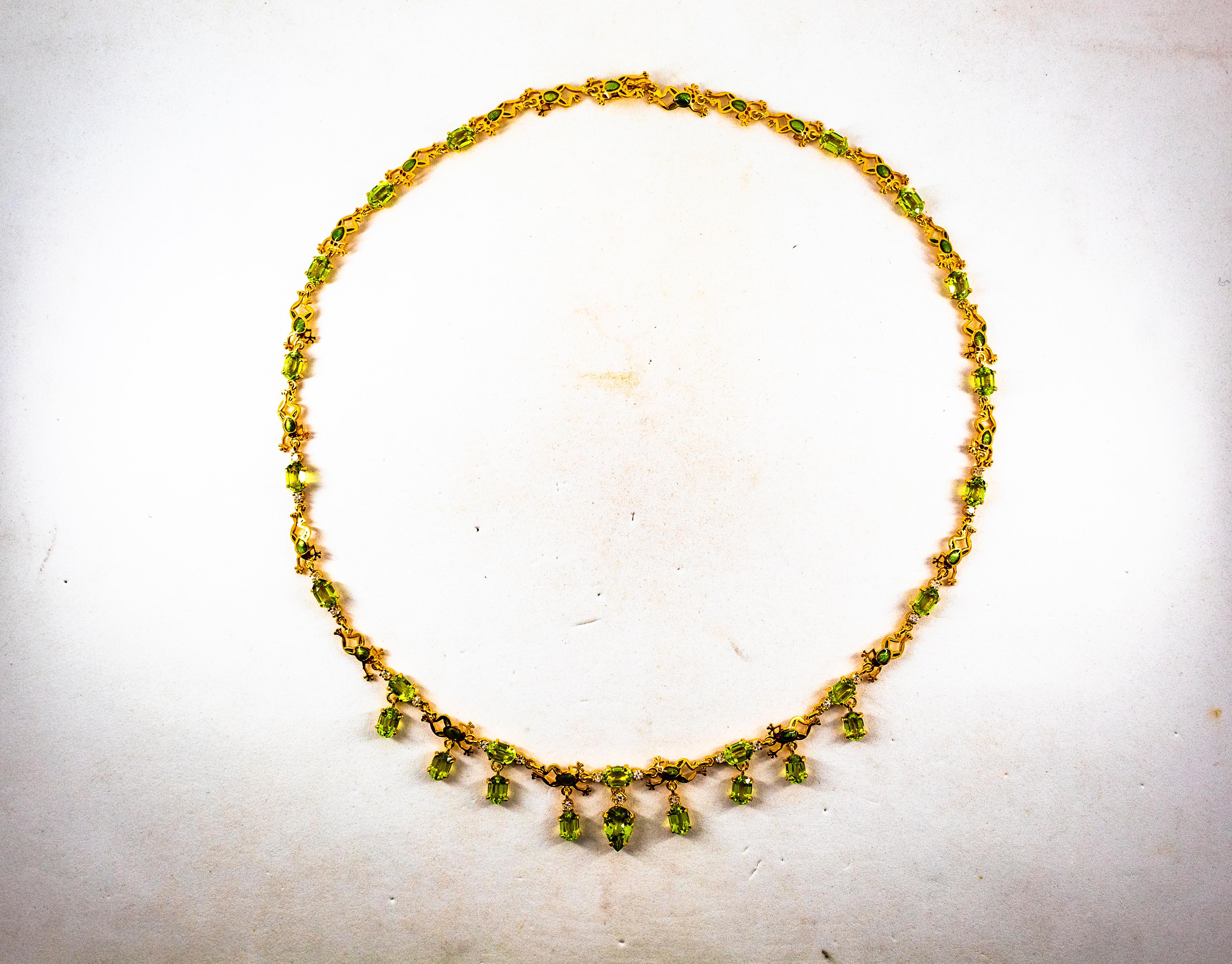 Art Nouveau Style 17.49 Carat White Diamond Peridot Enamel Yellow Gold Necklace In New Condition For Sale In Naples, IT