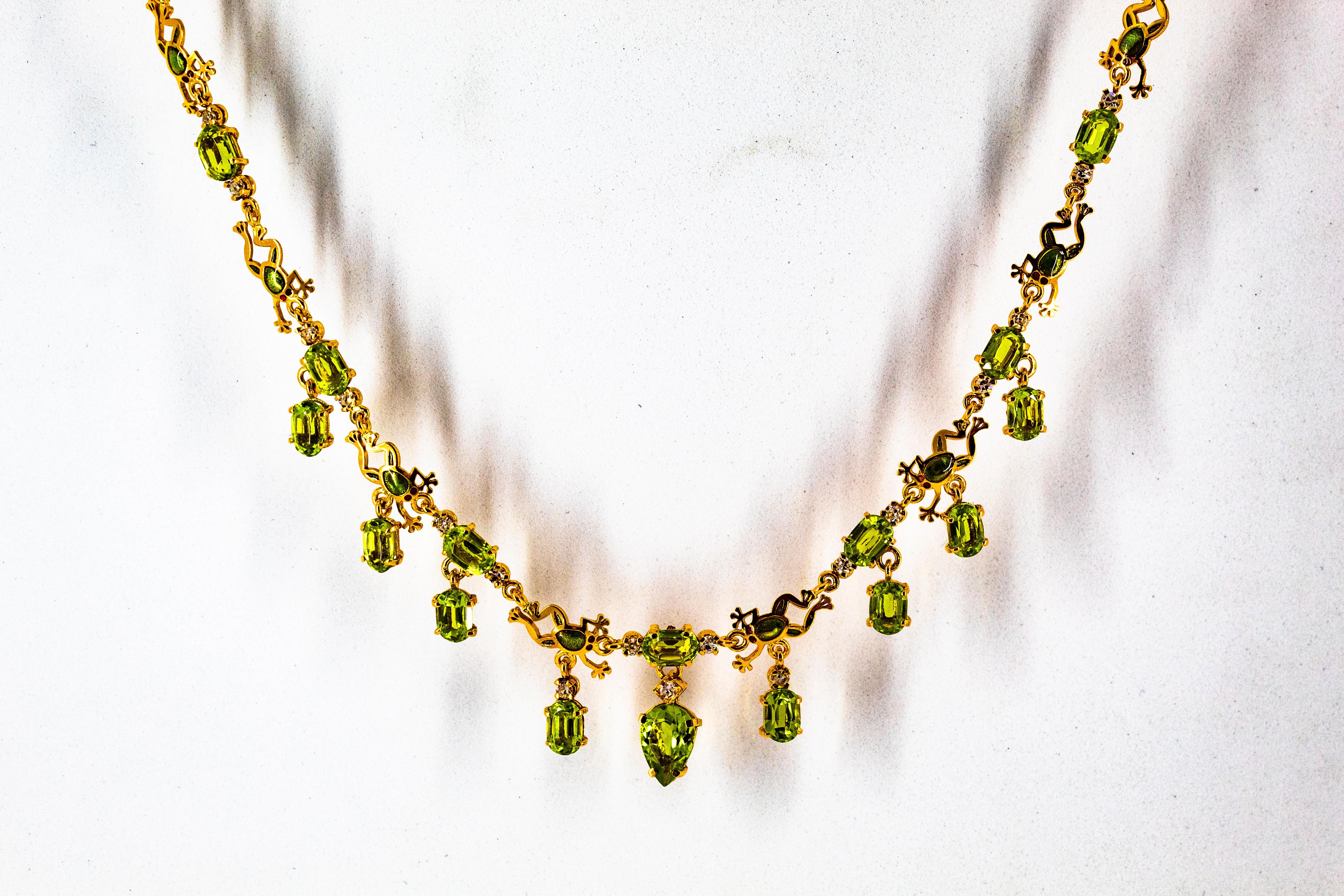 Art Nouveau Style 17.49 Carat White Diamond Peridot Enamel Yellow Gold Necklace For Sale 1