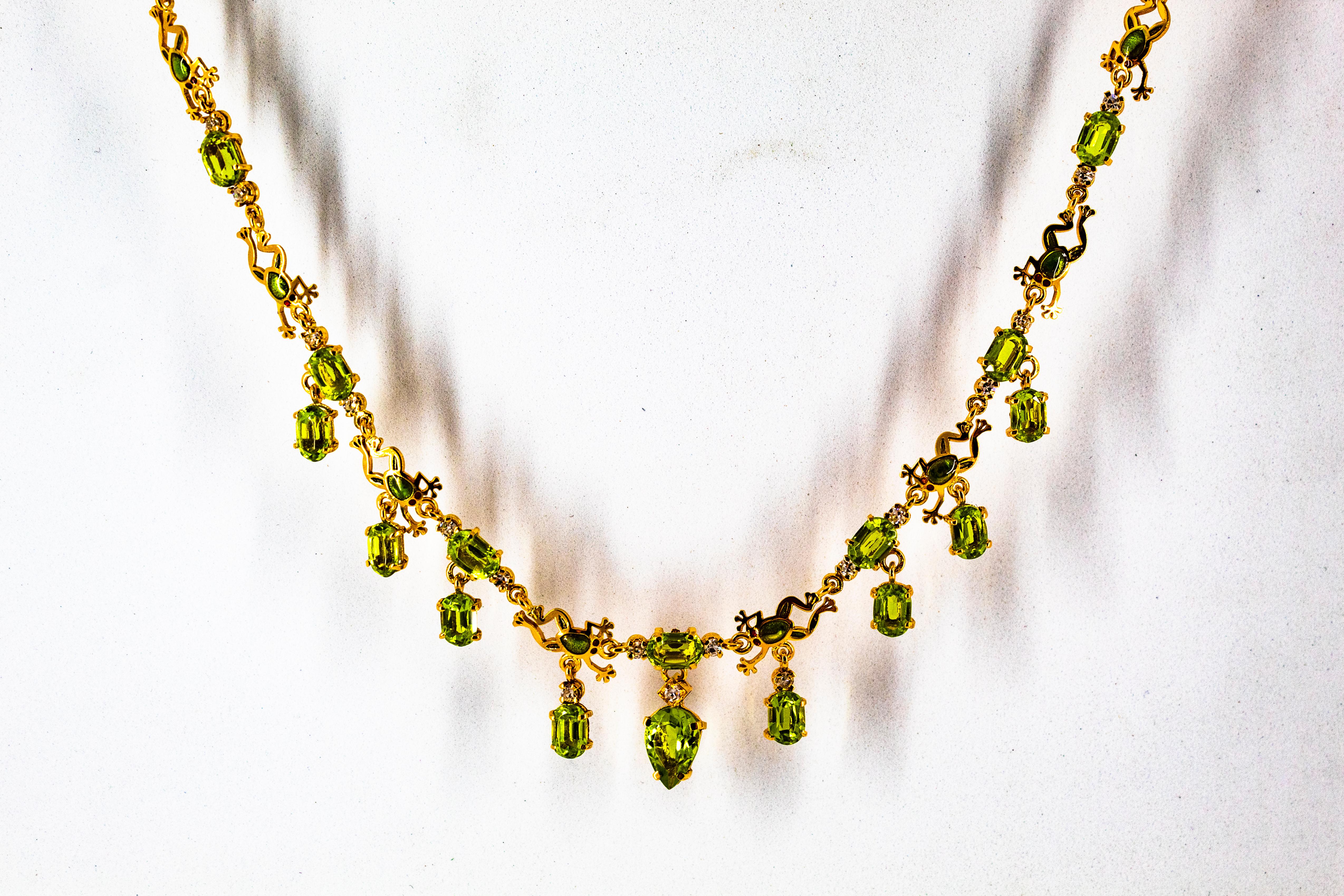 Art Nouveau Style 17.49 Carat White Diamond Peridot Enamel Yellow Gold Necklace For Sale 2