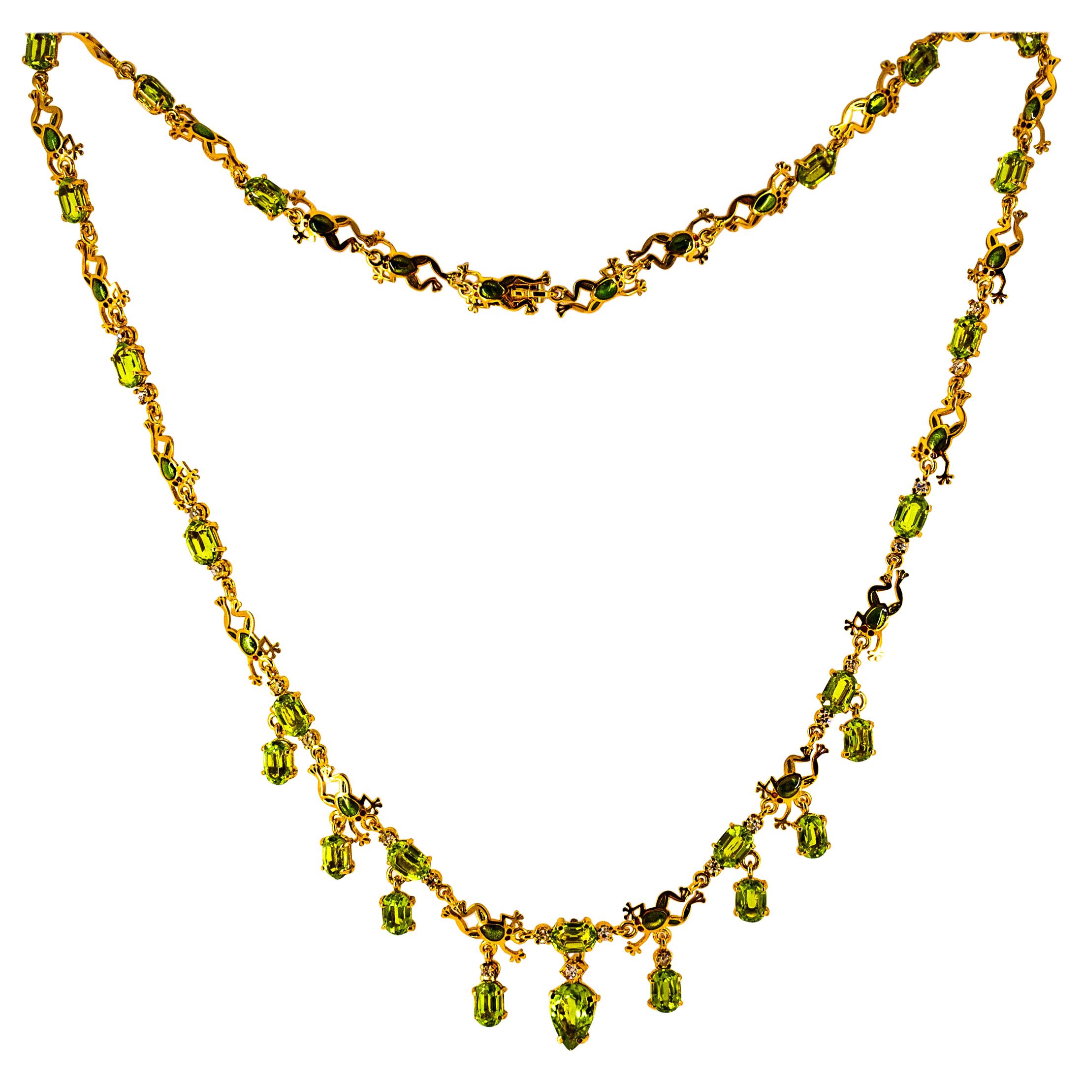 Art Nouveau Style 17.49 Carat White Diamond Peridot Enamel Yellow Gold Necklace