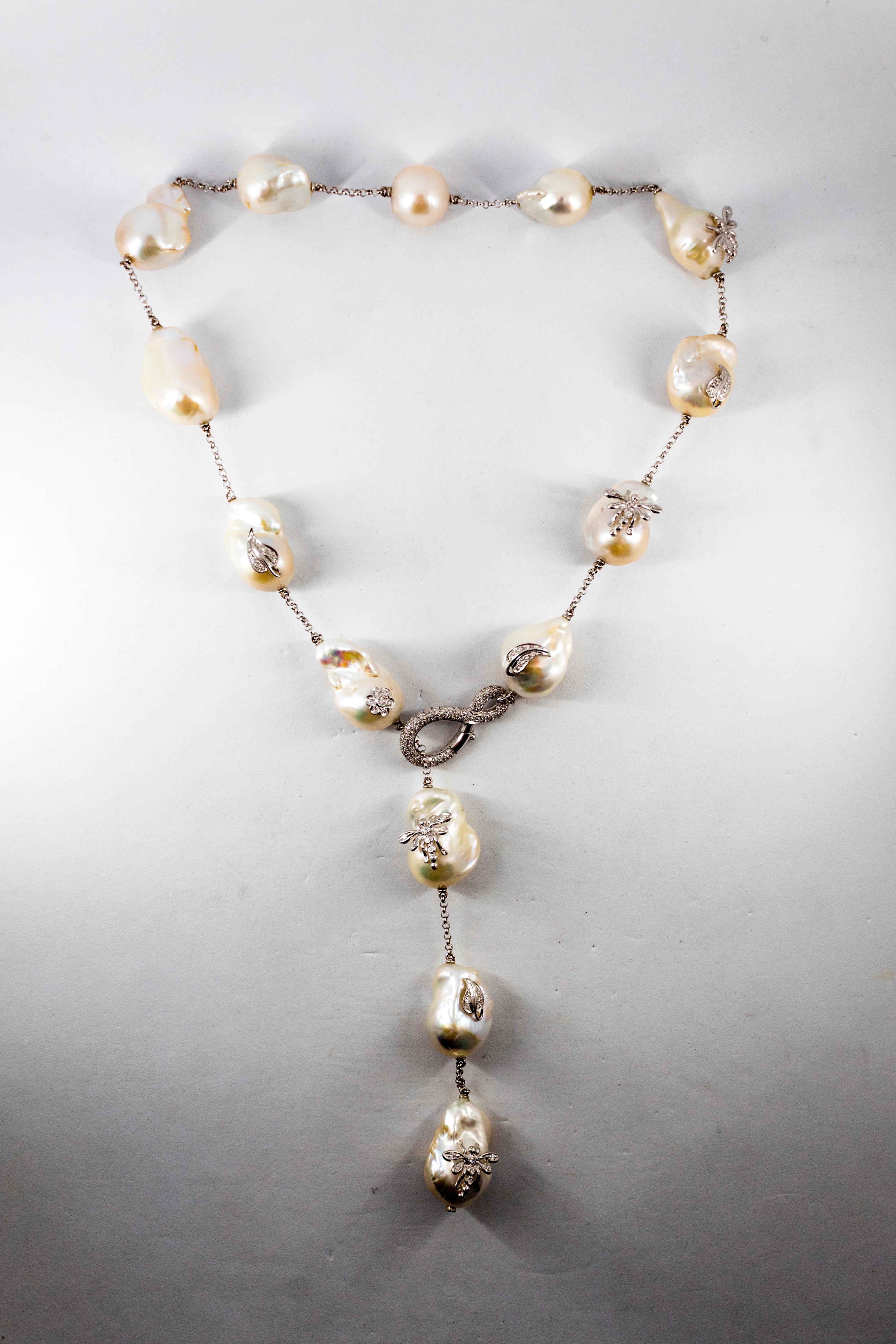 Art Nouveau Style 1.75 Carat White Diamond Pearl White Gold Beaded Drop Necklace For Sale 5
