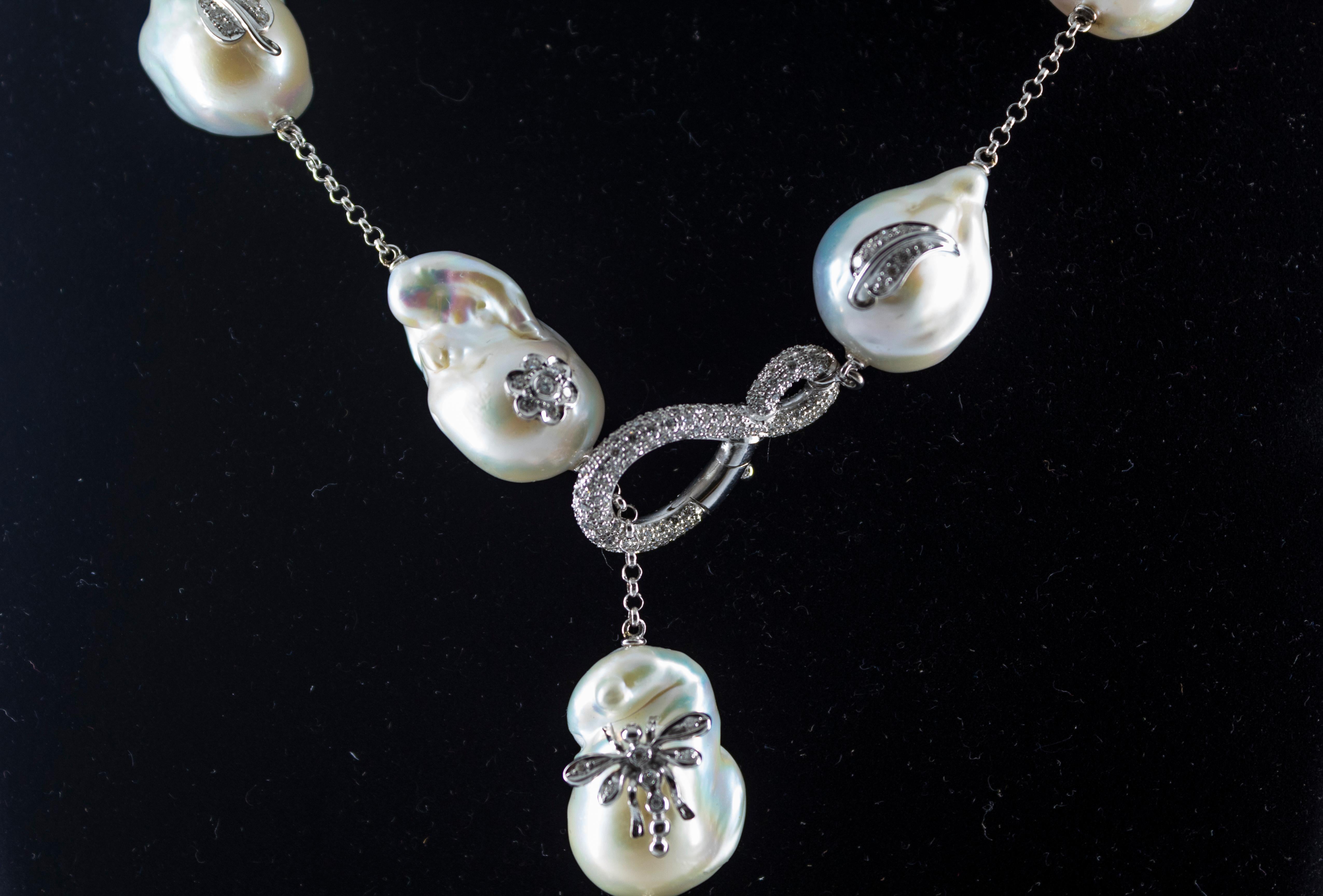 Art Nouveau Style 1.75 Carat White Diamond Pearl White Gold Beaded Drop Necklace For Sale 1