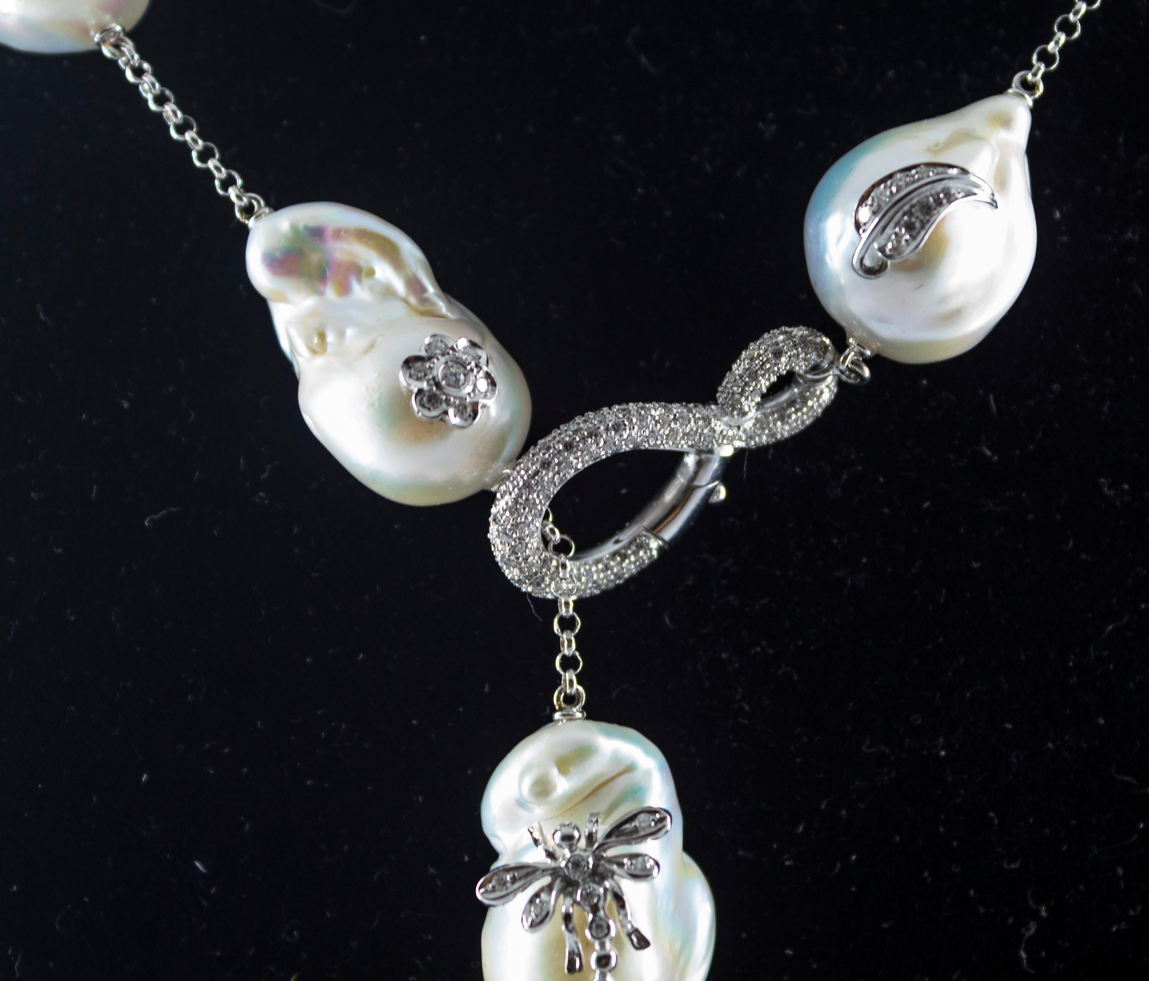 Art Nouveau Style 1.75 Carat White Diamond Pearl White Gold Beaded Drop Necklace 2