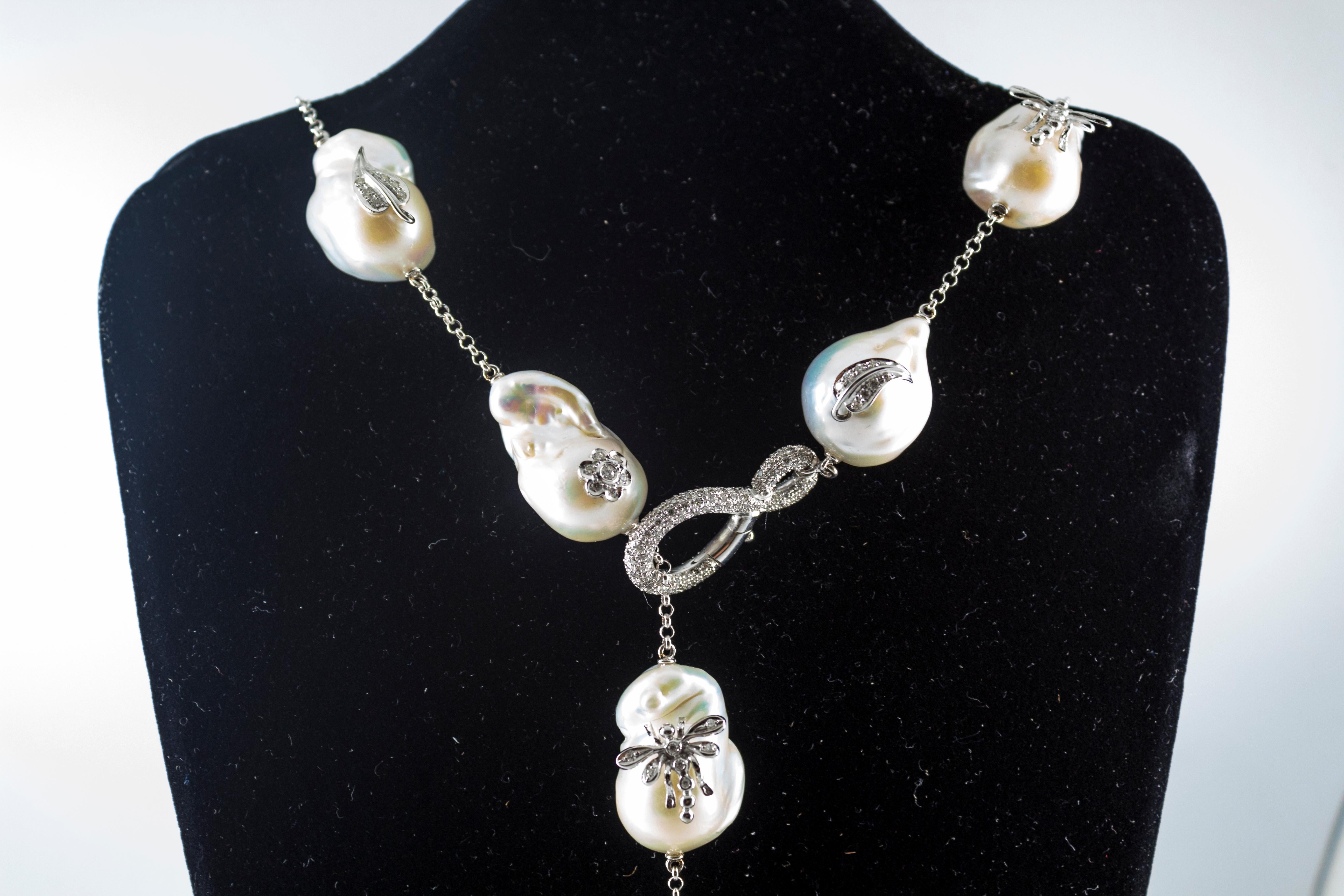 Art Nouveau Style 1.75 Carat White Diamond Pearl White Gold Beaded Drop Necklace 3