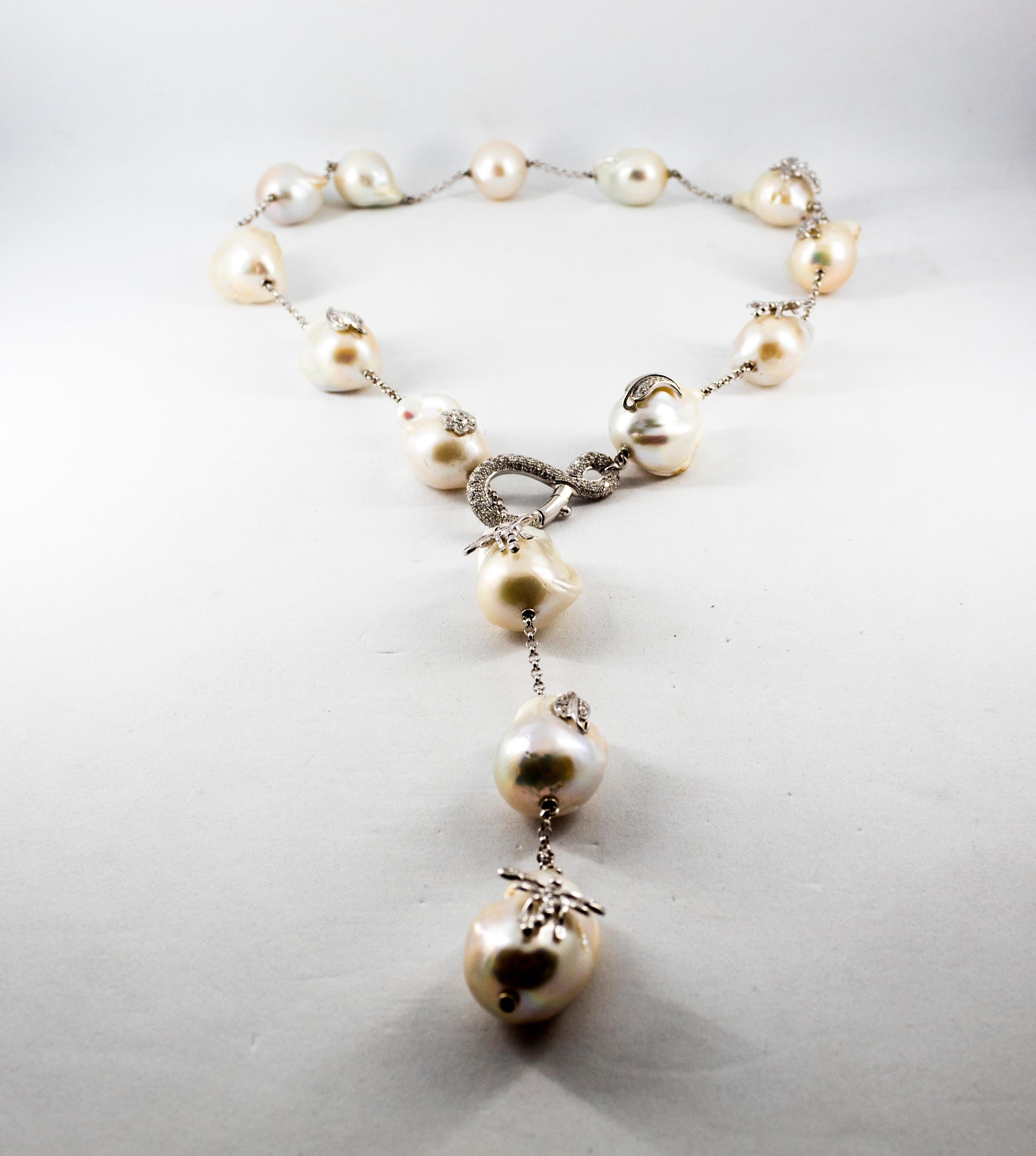 Art Nouveau Style 1.75 Carat White Diamond Pearl White Gold Beaded Drop Necklace 4